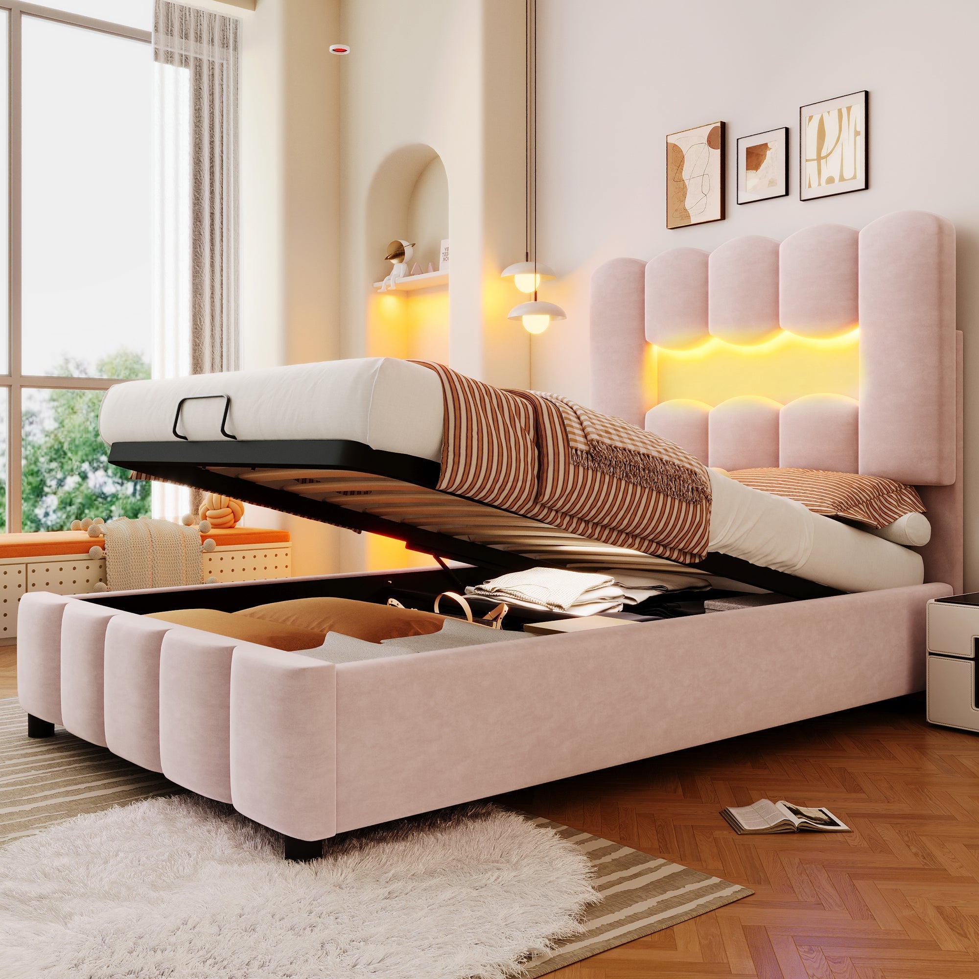 Upholstered Bed 90x200cm Hydraulic LED Adjustable Headboard, Velvet Pink