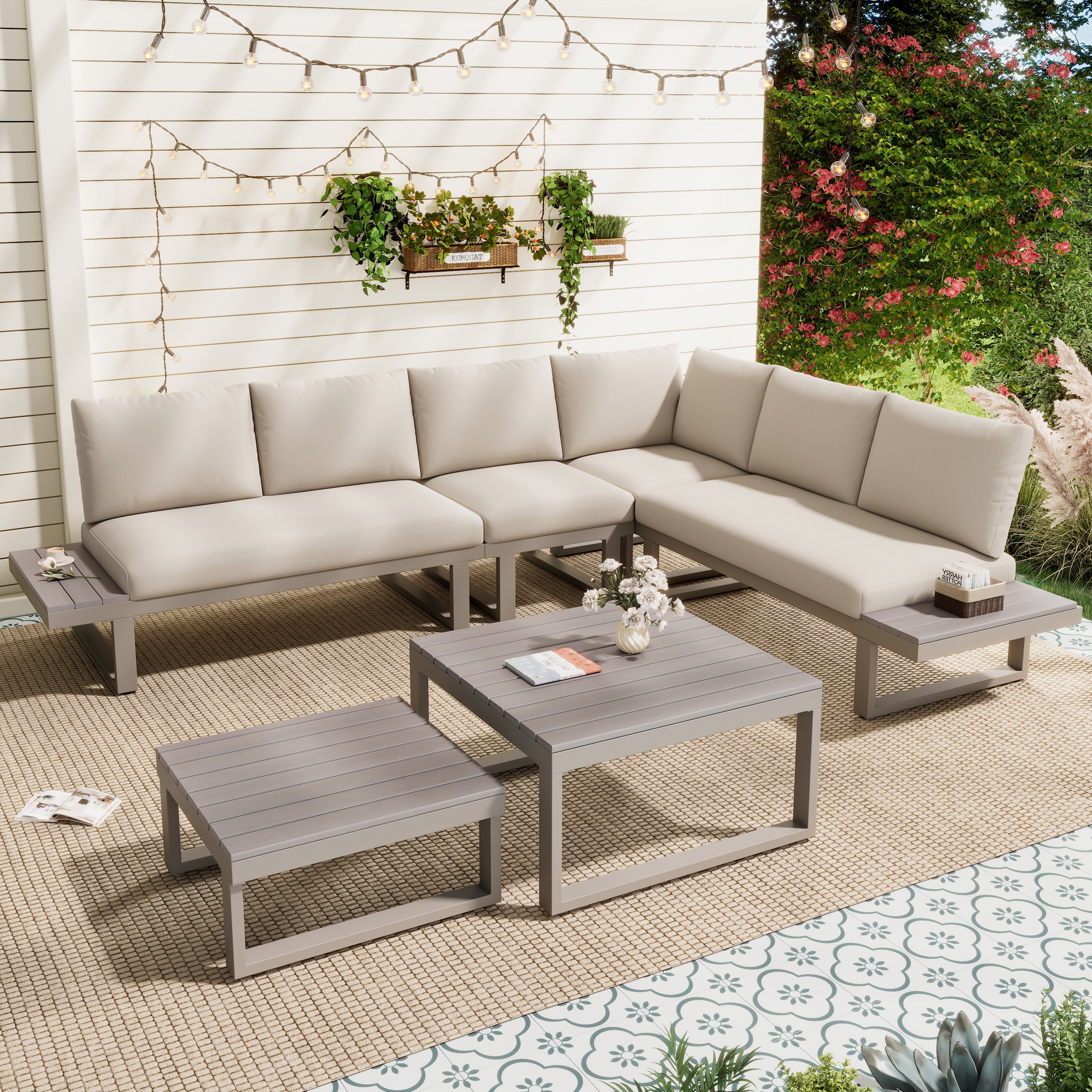 Garden Furniture Set with Adjustable Tilt and Two Coffee Tables, Beige and Khaki