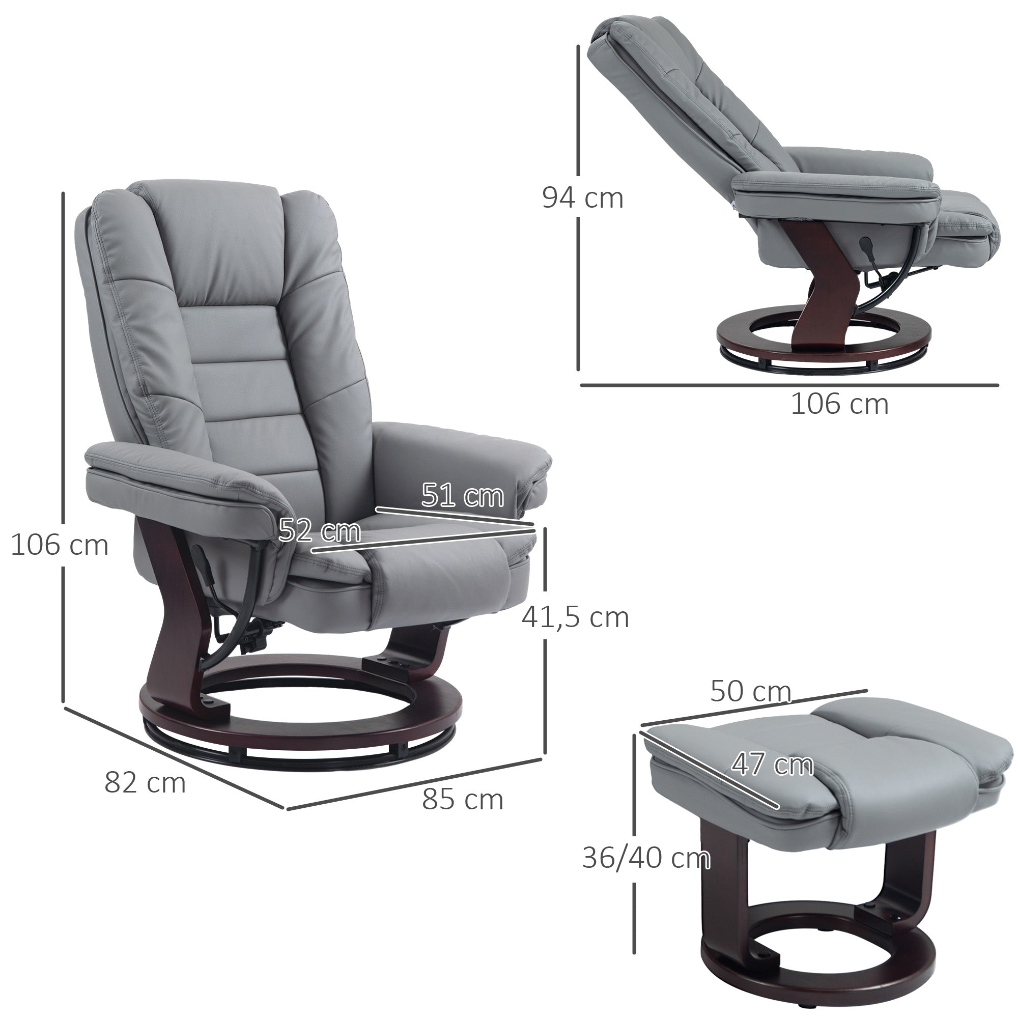 Reclining Armchair with Footstool, 360° Swivel Lounge Chair, Faux Leather Grey