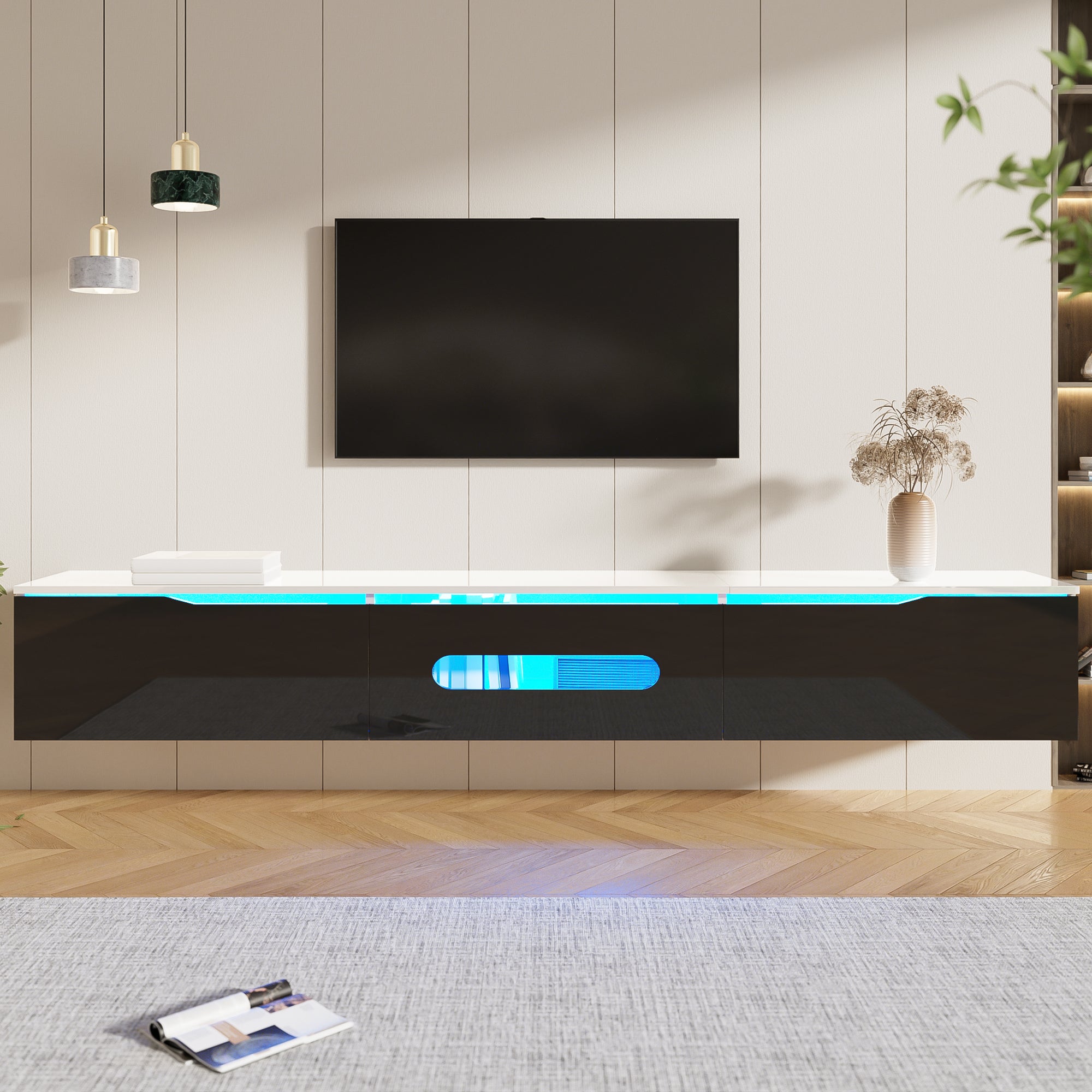 TV Cabinet 180cm LED Wall-Mountable High-Gloss Black and White