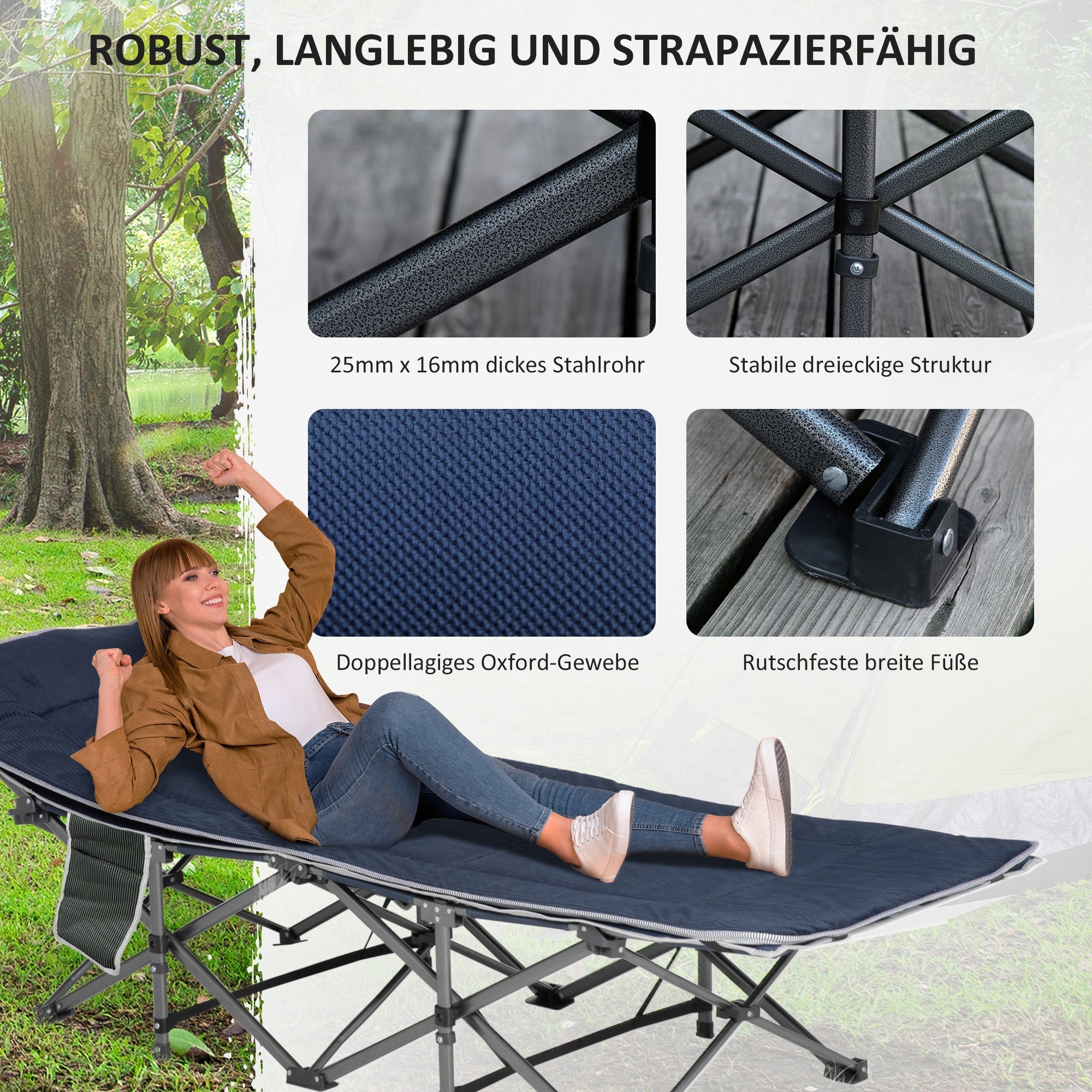 Feldbett, faltbar mit Kissen, Seitentasche, 150 kg Belastbarkeit, Oxford Dunkelblau