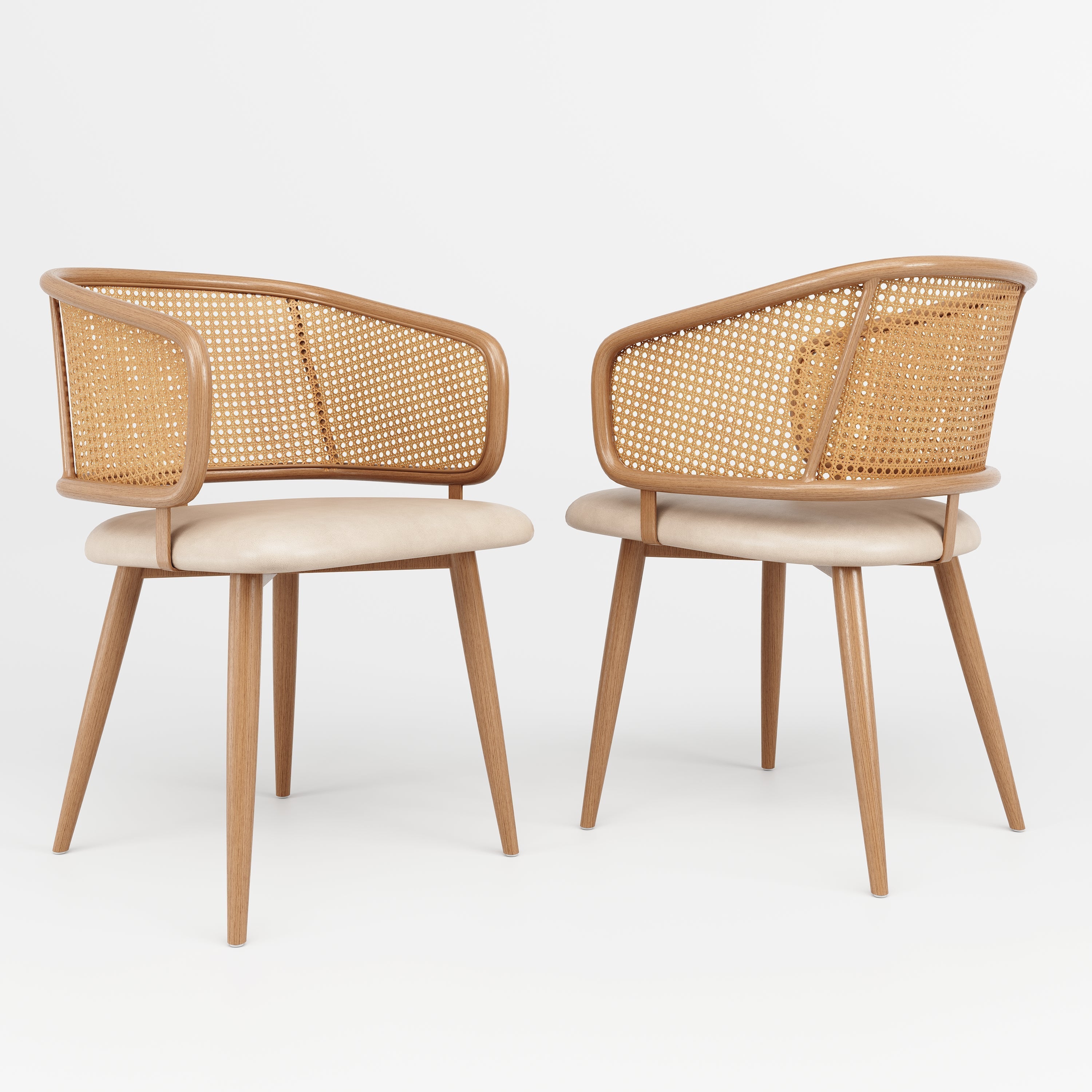 Modern Dining Chairs (2 pcs) with Rattan Backrest & PU Leather Seat, Beige