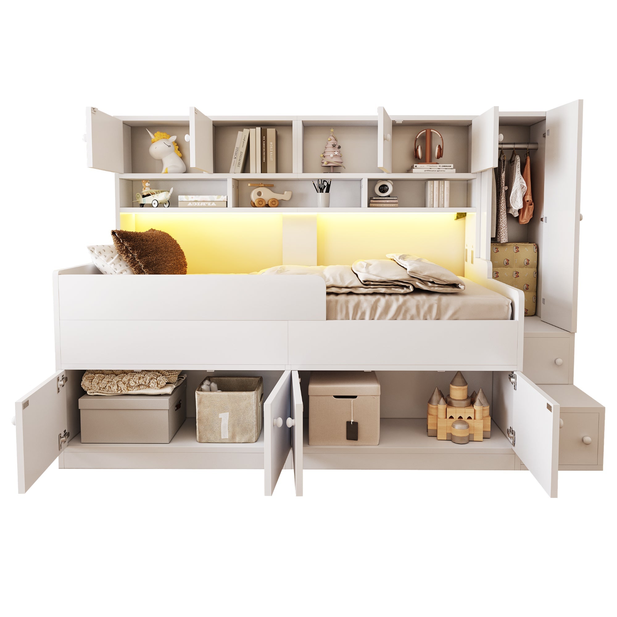 Wooden Children's Bed with Storage, Wardrobe, Ladder and LED Lighting, 90x200cm, White Wood