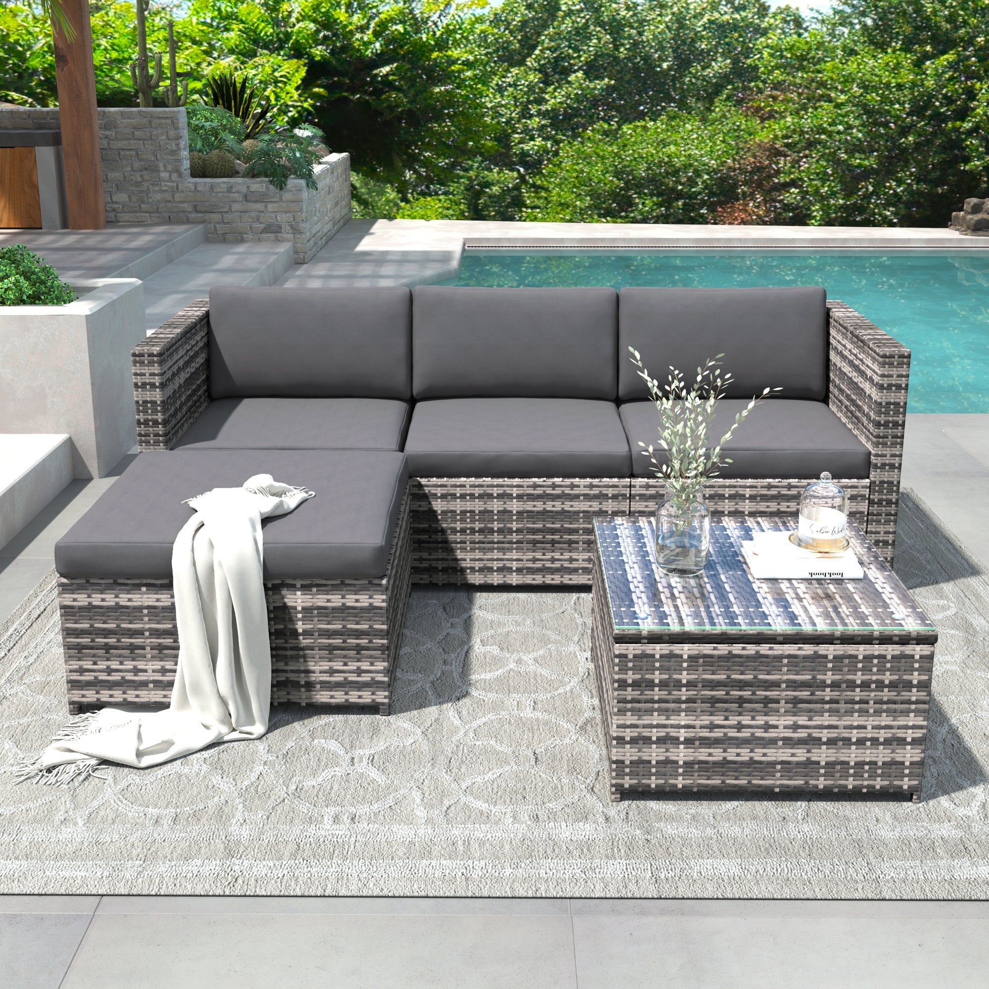 Lounge Sofa Set with Corner Sofa, Cushions and Glass Top Table, Grey Polyrattan