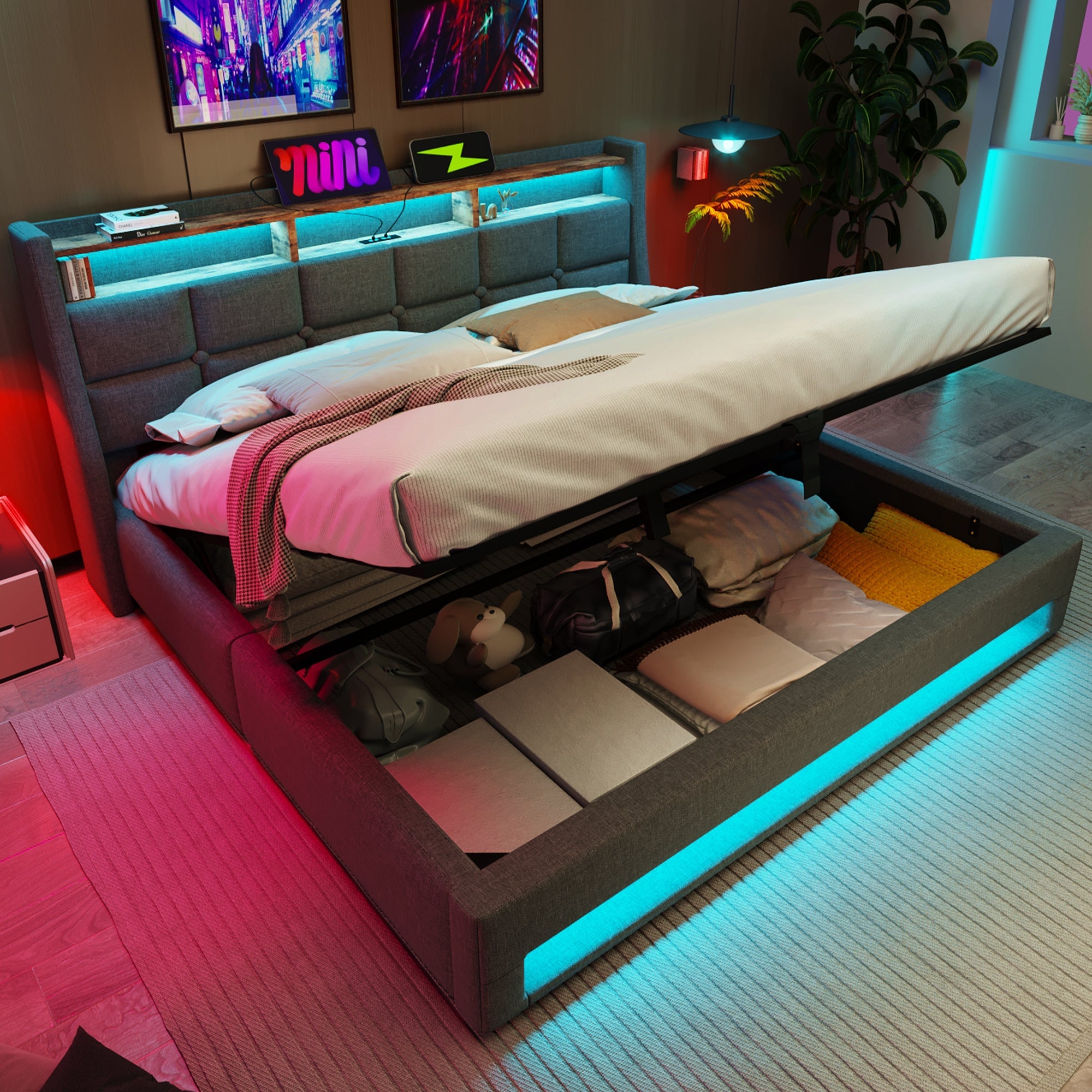 Upholstered Double Bed with LED Lighting, USB-C Charging, Storage Headboard, 6FT Super King Size, Linen, Grey