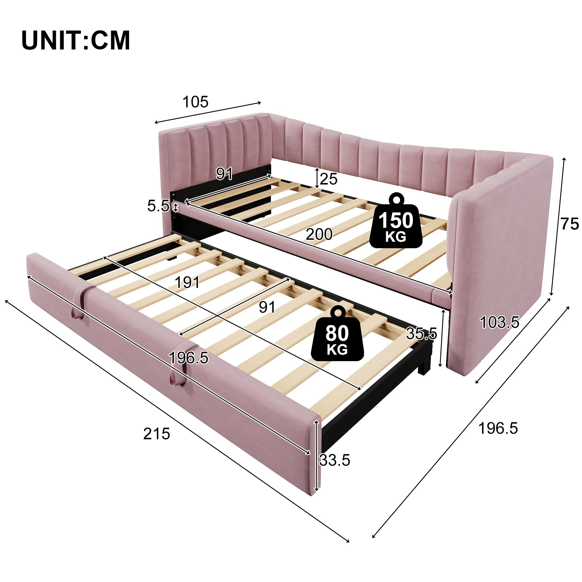 Daybed Upholstered Pull-out Bed 90/180x200cm - Velvet Pink