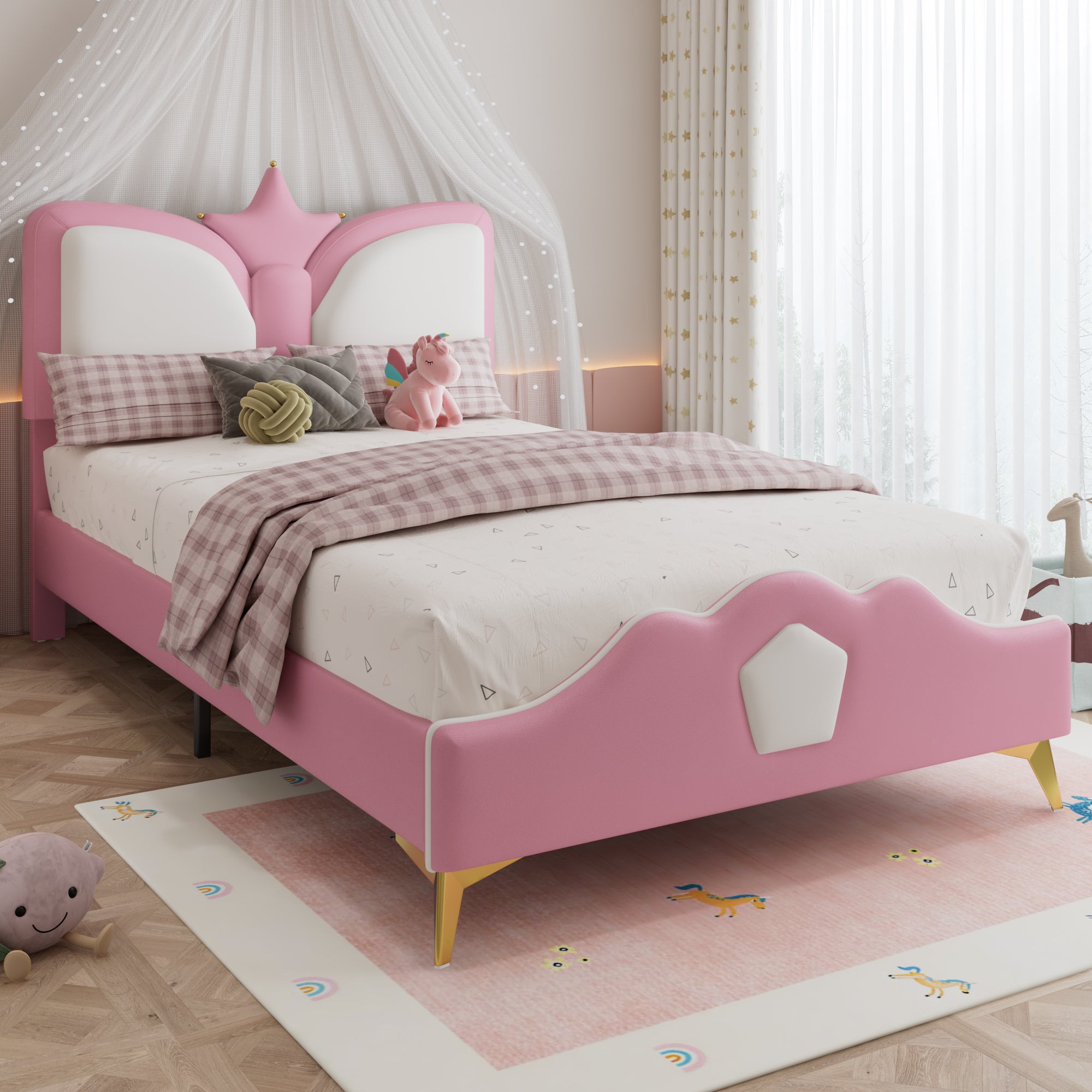 Upholstered Single Bed 90x200cm Crown Headboard Anti-Collision - Pink/White PU