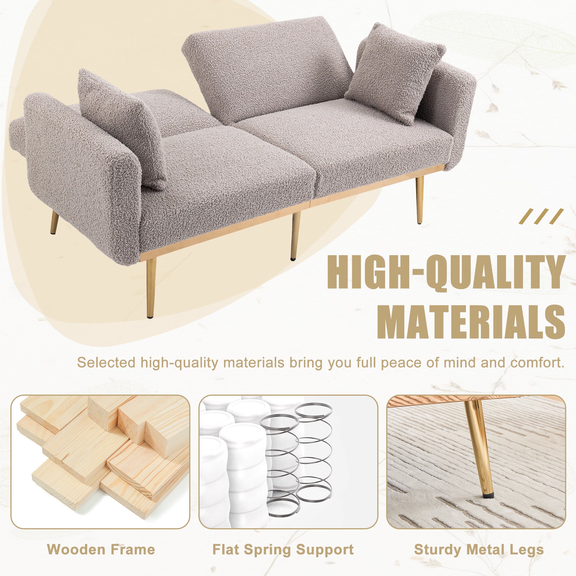 GOMYWAY Modern 2-Seater Sofa 3-Speed Adjustable Backrest Gold Metal Legs Grey Teddy