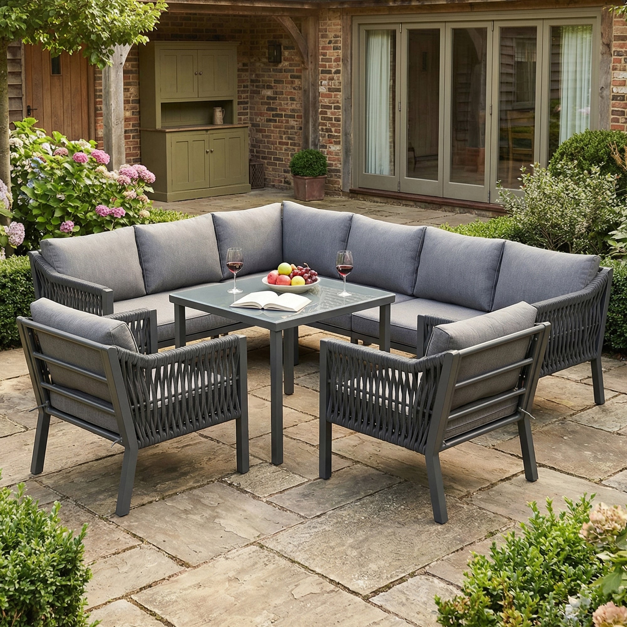 Garden Dining Set, 8-Person Corner Sofa with Table and Armchairs, Grey Hand-Woven Rope and Galvanized Iron