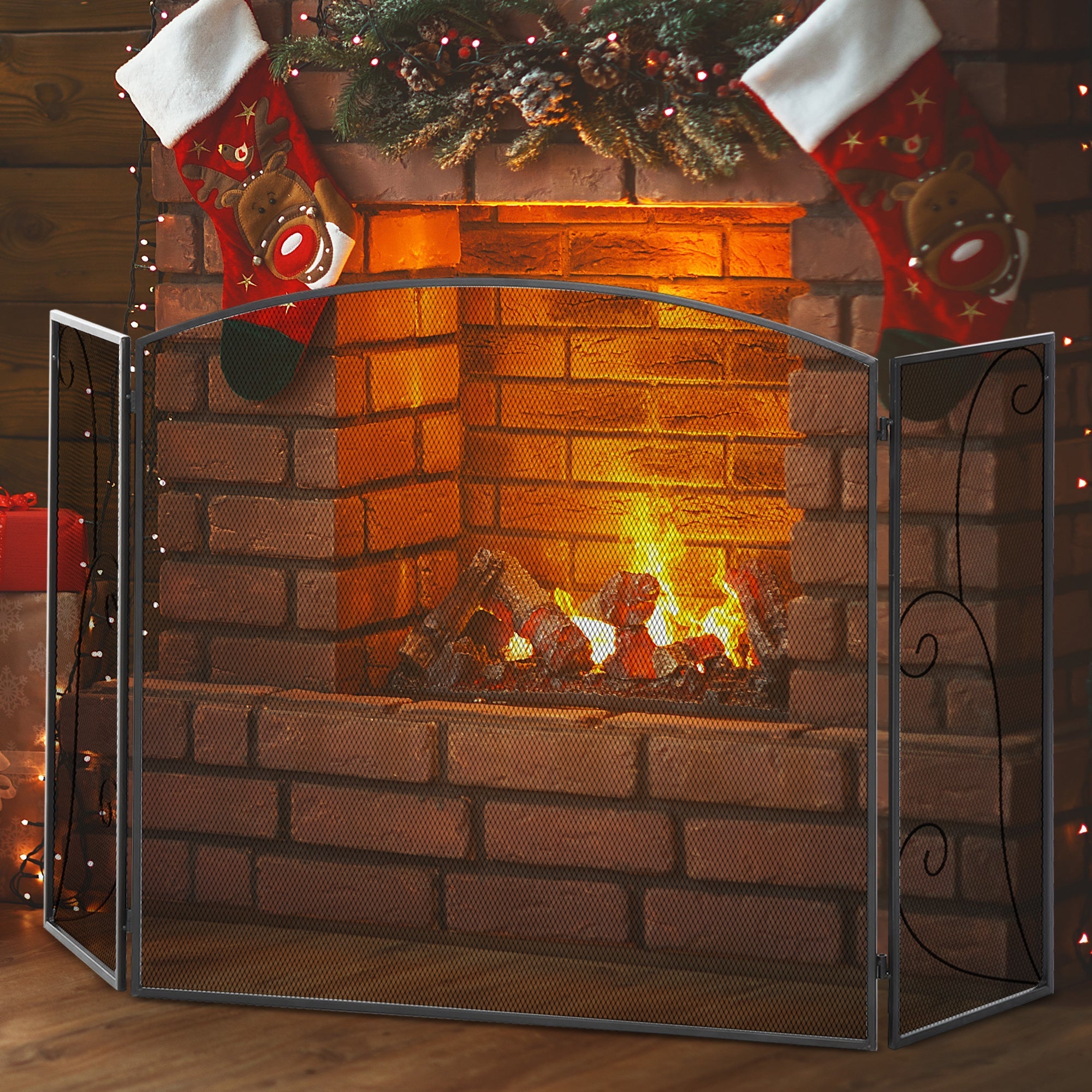 Fireplace Grate, 3-Panel Foldable Spark Guard, Metal Black
