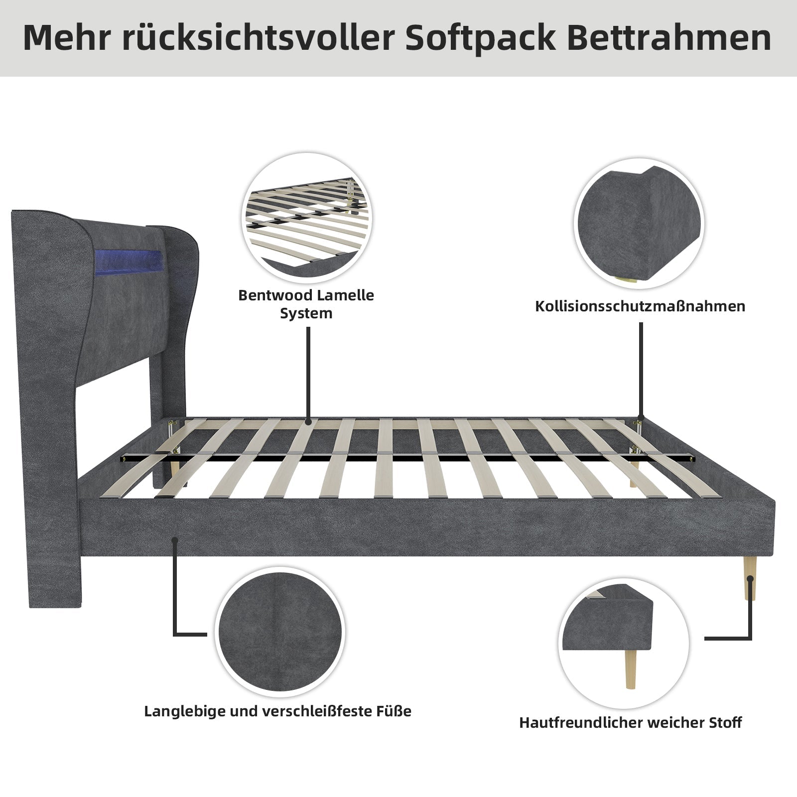 Modern Minimalist Upholstered Bed, Soft LED-Integrated Headboard, Low-Profile Non-Storage, 140x200 cm Grey