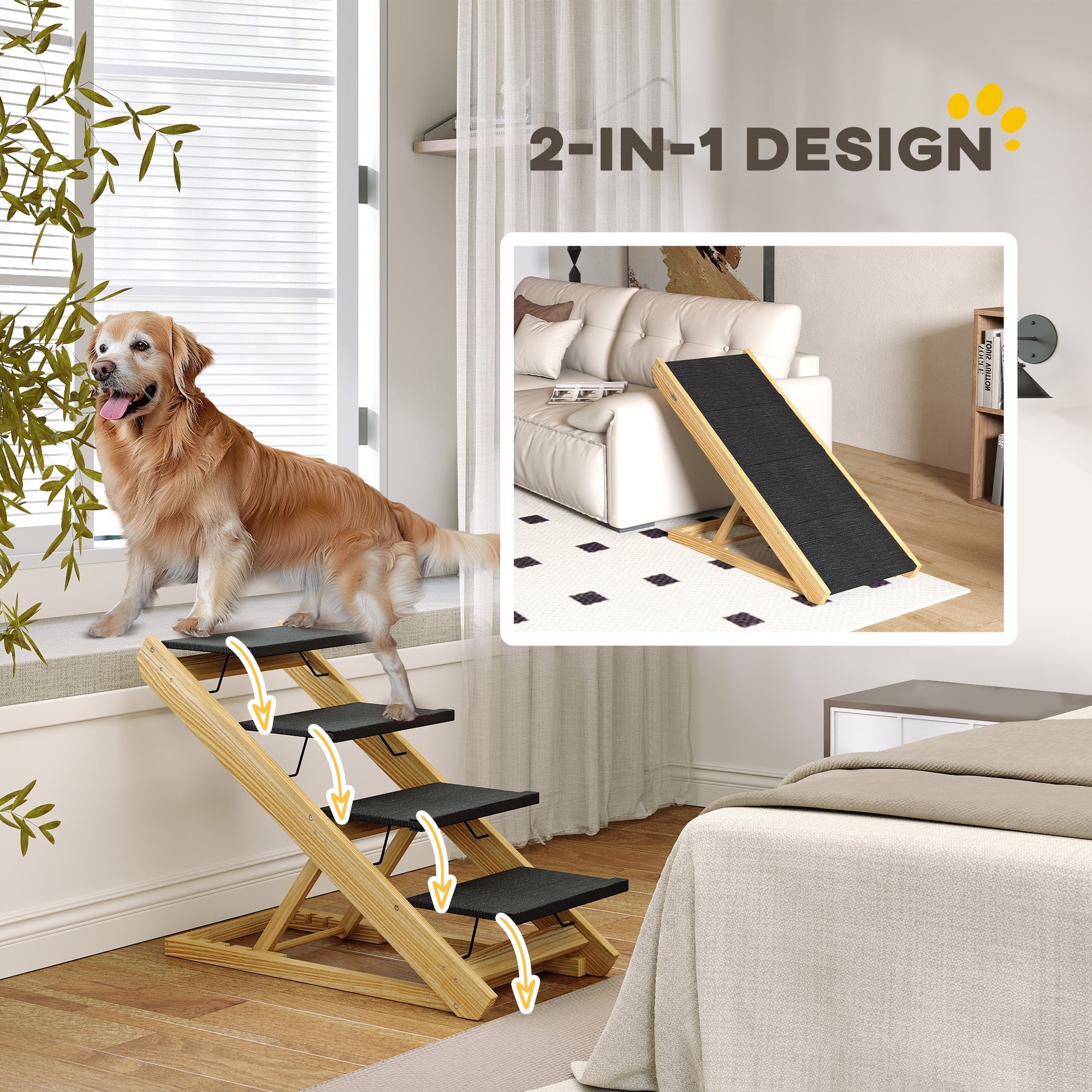 Dog Stairs & Ramp 2-in-1 Foldable 4-Step Height Adjustable Non-Slip