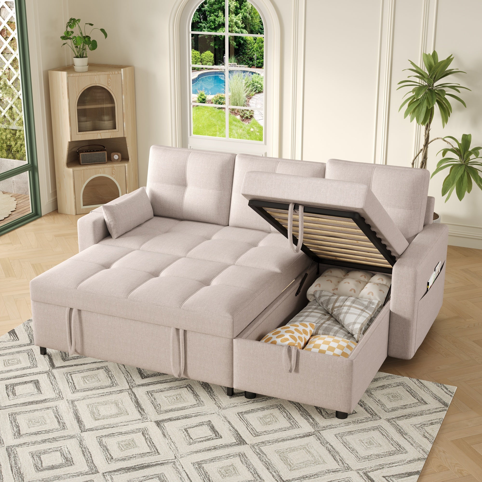 Modern L-shaped Sofa Modular Sofa Bed Pull-out with Storage & Cup Holder, Living Room