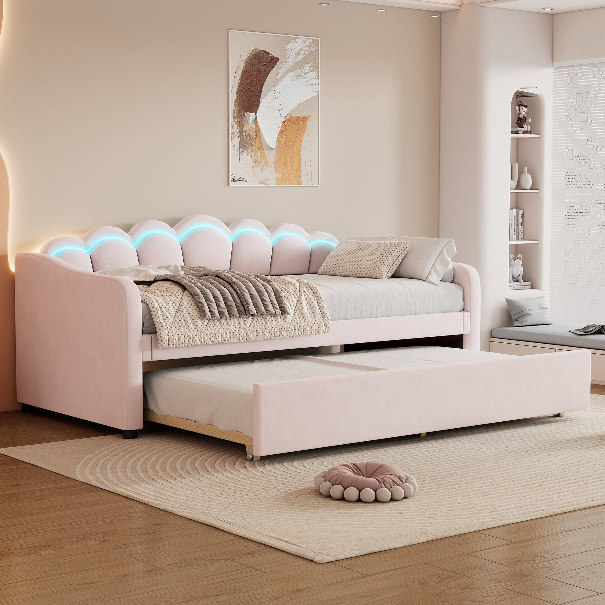 Daybed Sofa Bed 90x200cm Pull-out Bed Ambient Light Remote Control - Velvet Pink