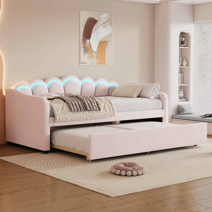 Daybed Sofa Bed 90x200cm Pull-out Bed Ambient Light Remote Control - Velvet Pink