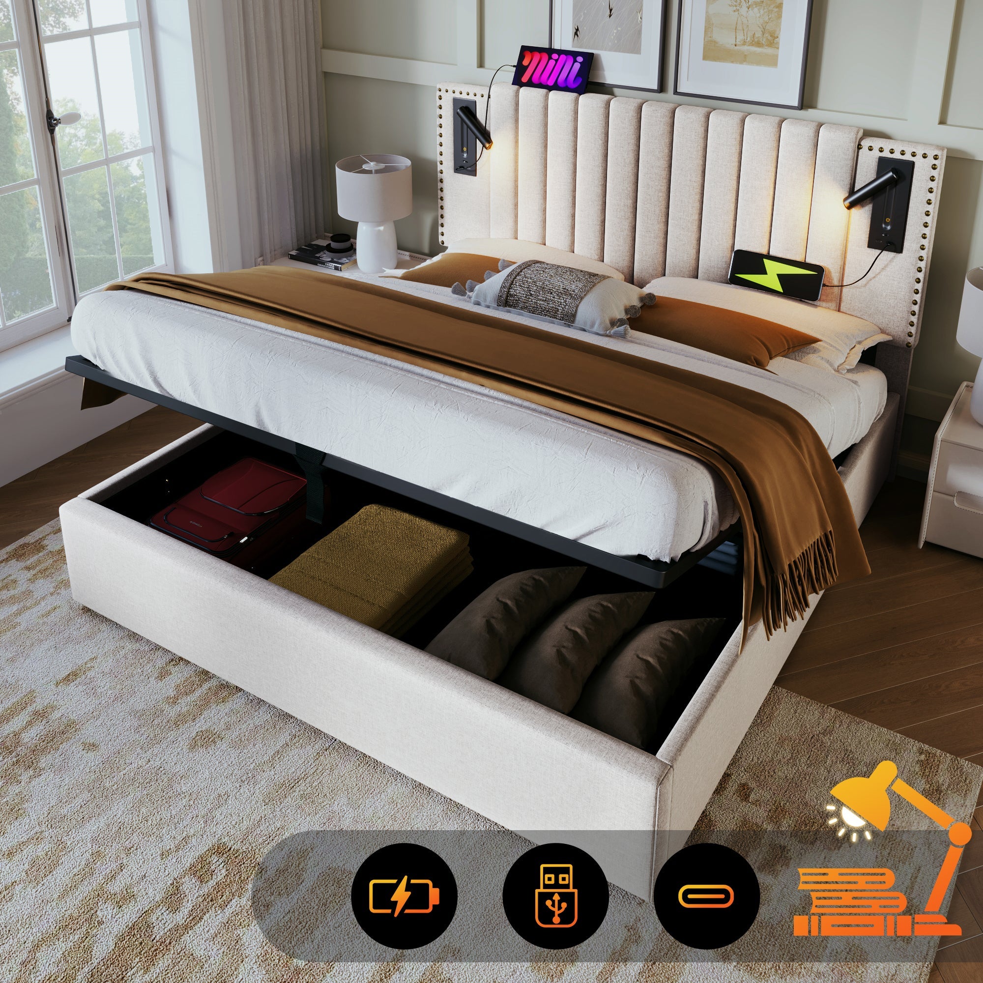 Upholstered Double Bed 180x200 with Storage, Bed Box and USB Reading Light, Beige Cotton
