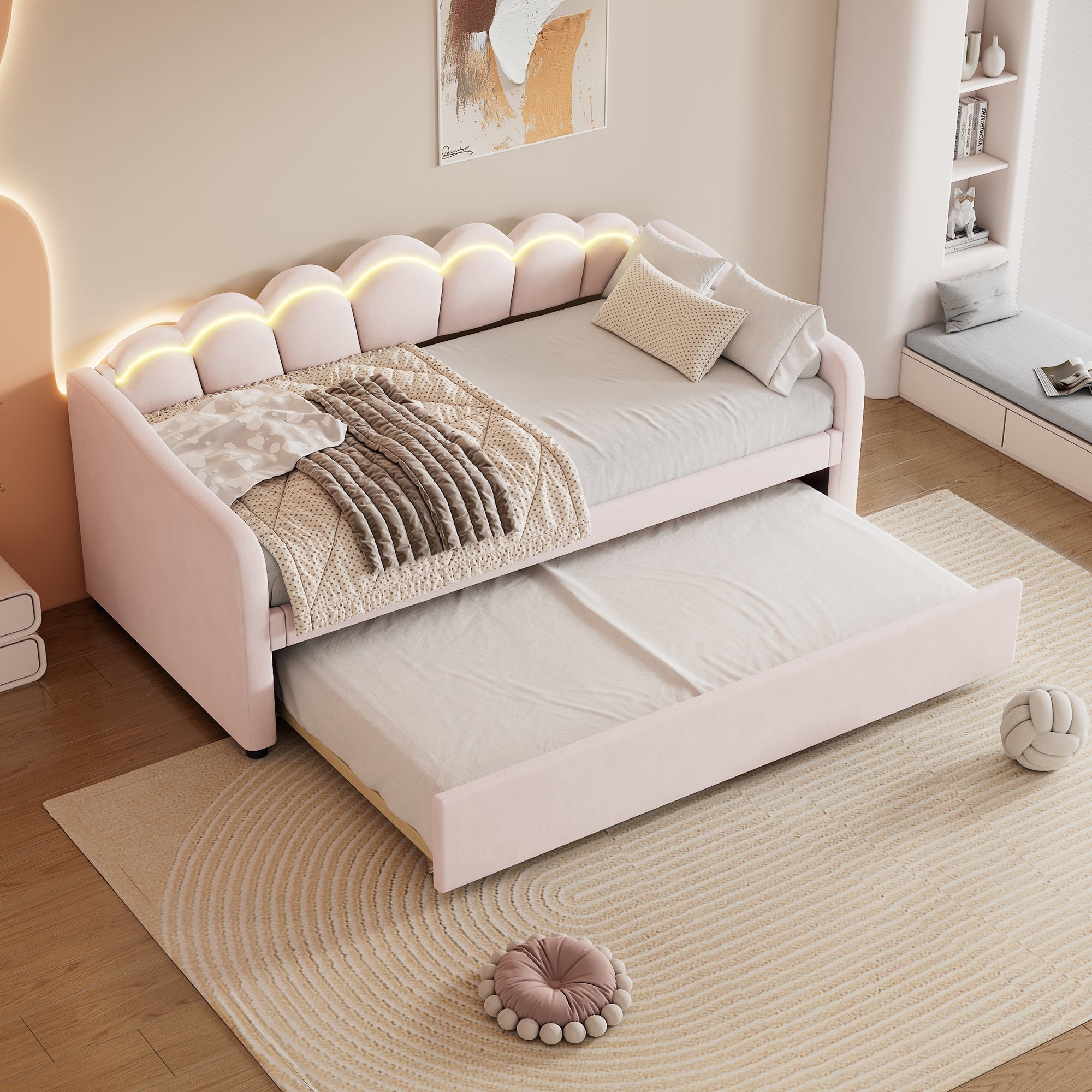 Daybed Sofa Bed 90x200cm Pull-out Bed Ambient Light Remote Control - Velvet Pink
