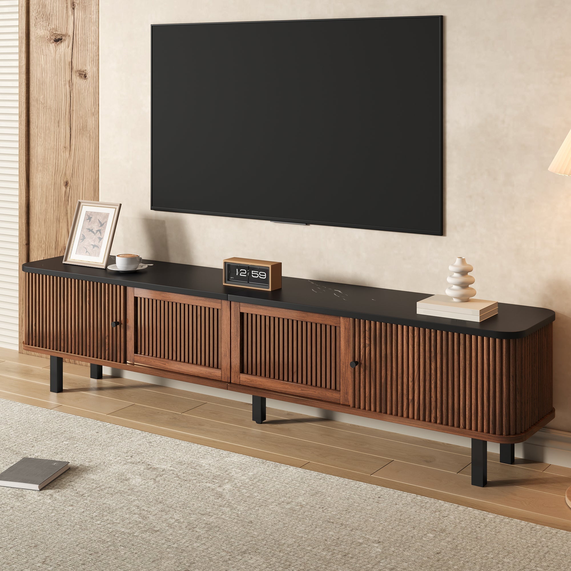 Modern Low TV Cabinet 190cm with Sliding & Mesh Doors