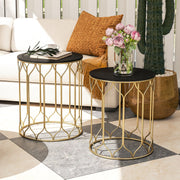 Round Coffee Table Set of 2, Modern Nesting Tables with Ceramic Tile Top and Metal Frame, Black