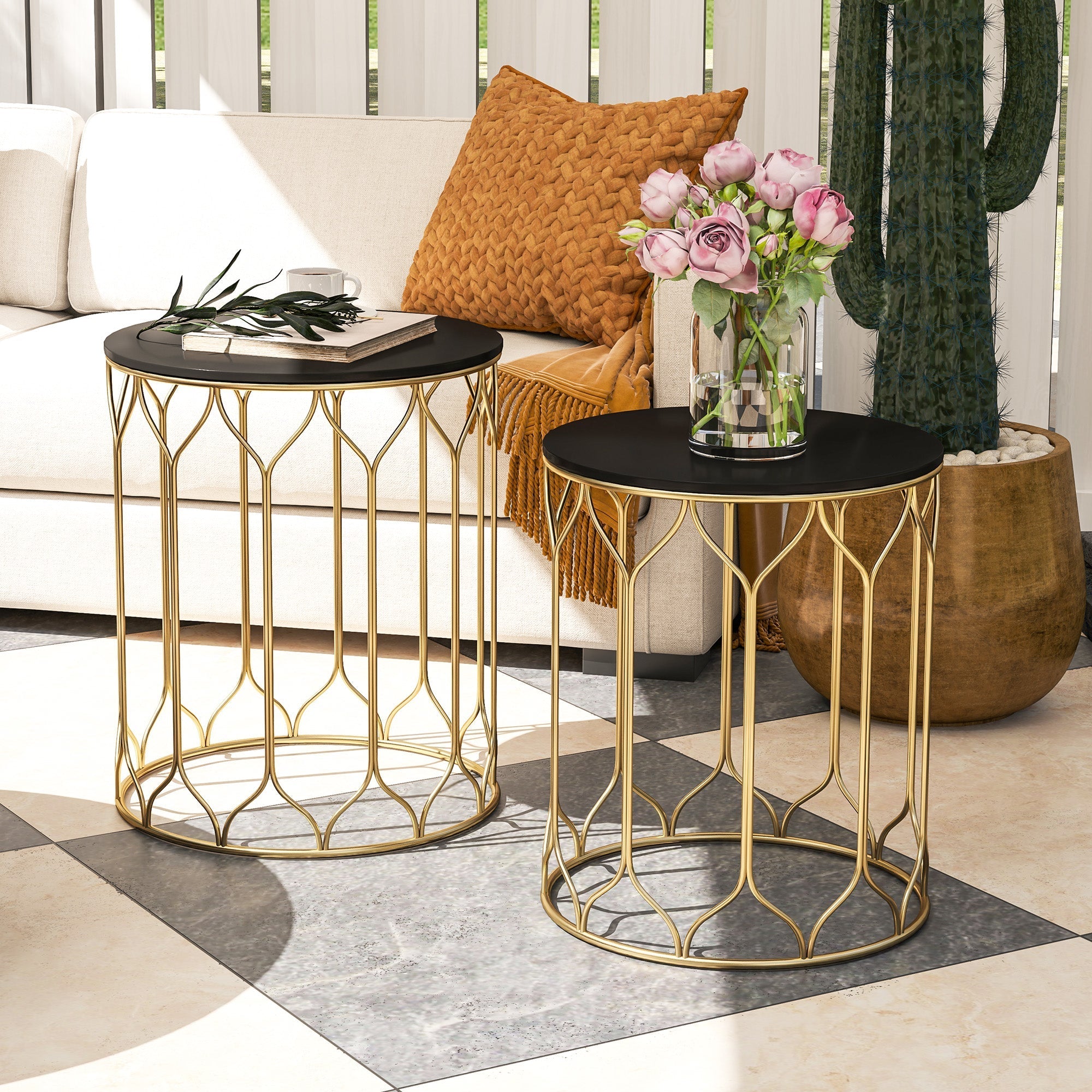 Round Coffee Table Set of 2, Modern Nesting Tables with Ceramic Tile Top and Metal Frame, Black