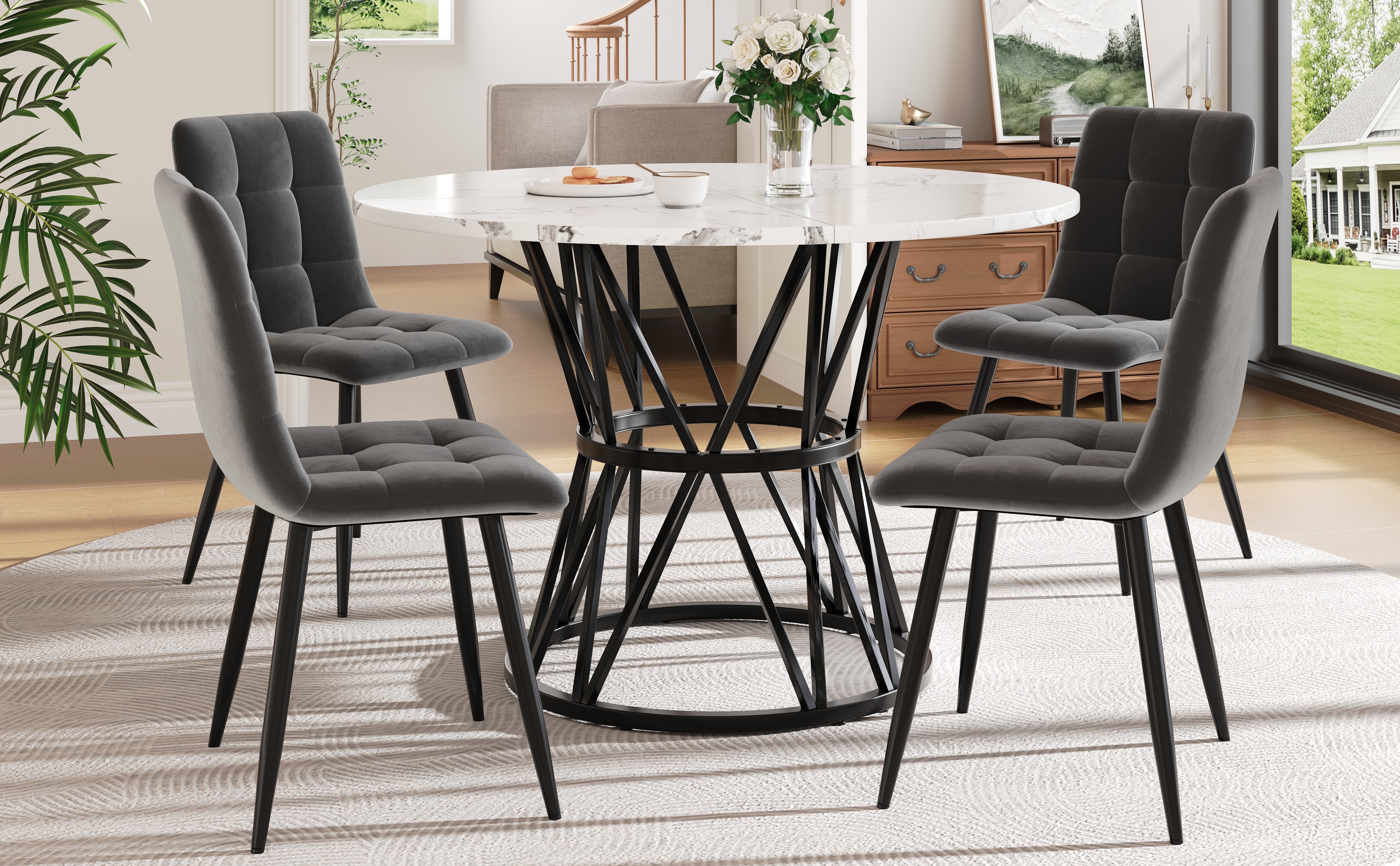5-Piece Dining Set Modern Round 100cm Marble Top, Grey Velvet & Black Metal