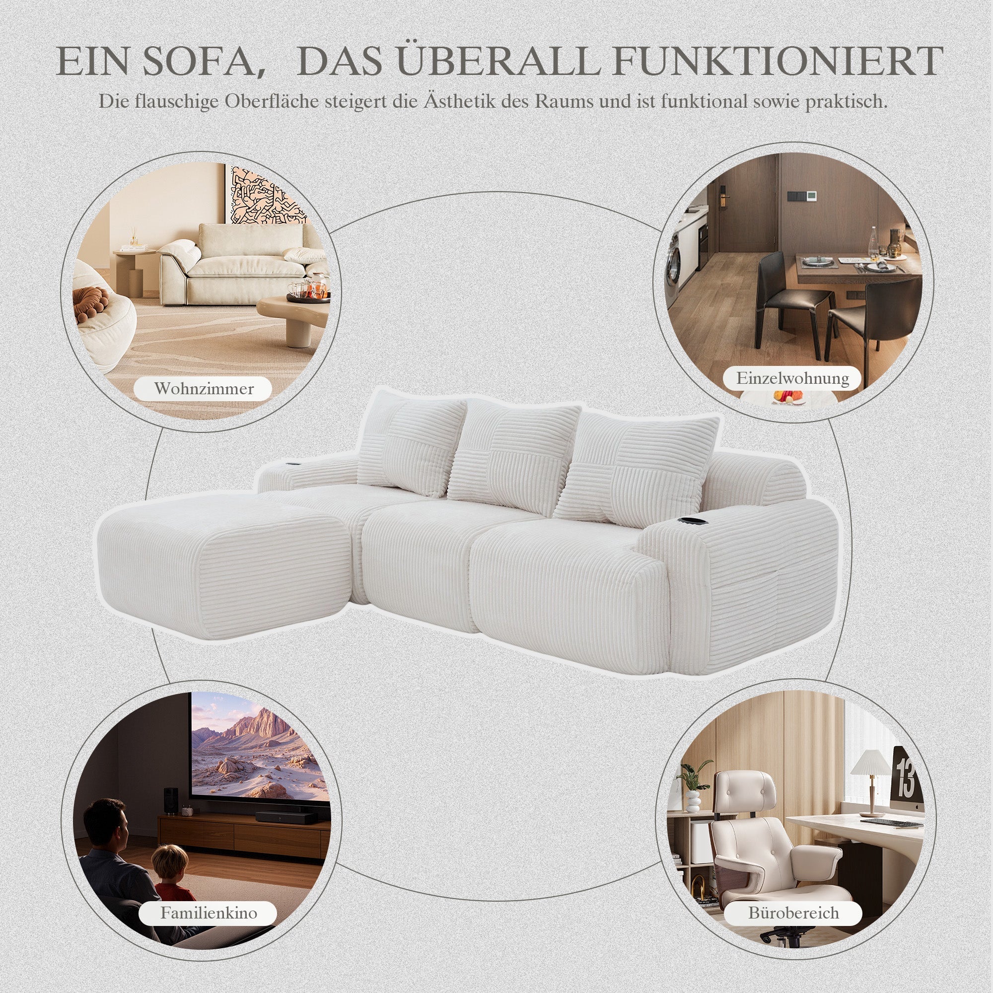 3-Seater Modular Corduroy Sofa with Ottomans, Cup Holders and Storage, Beige