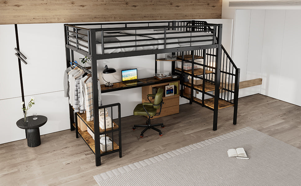 Iron Bed, Loft with Side Ladder & Charging Port, Black Iron + MDF