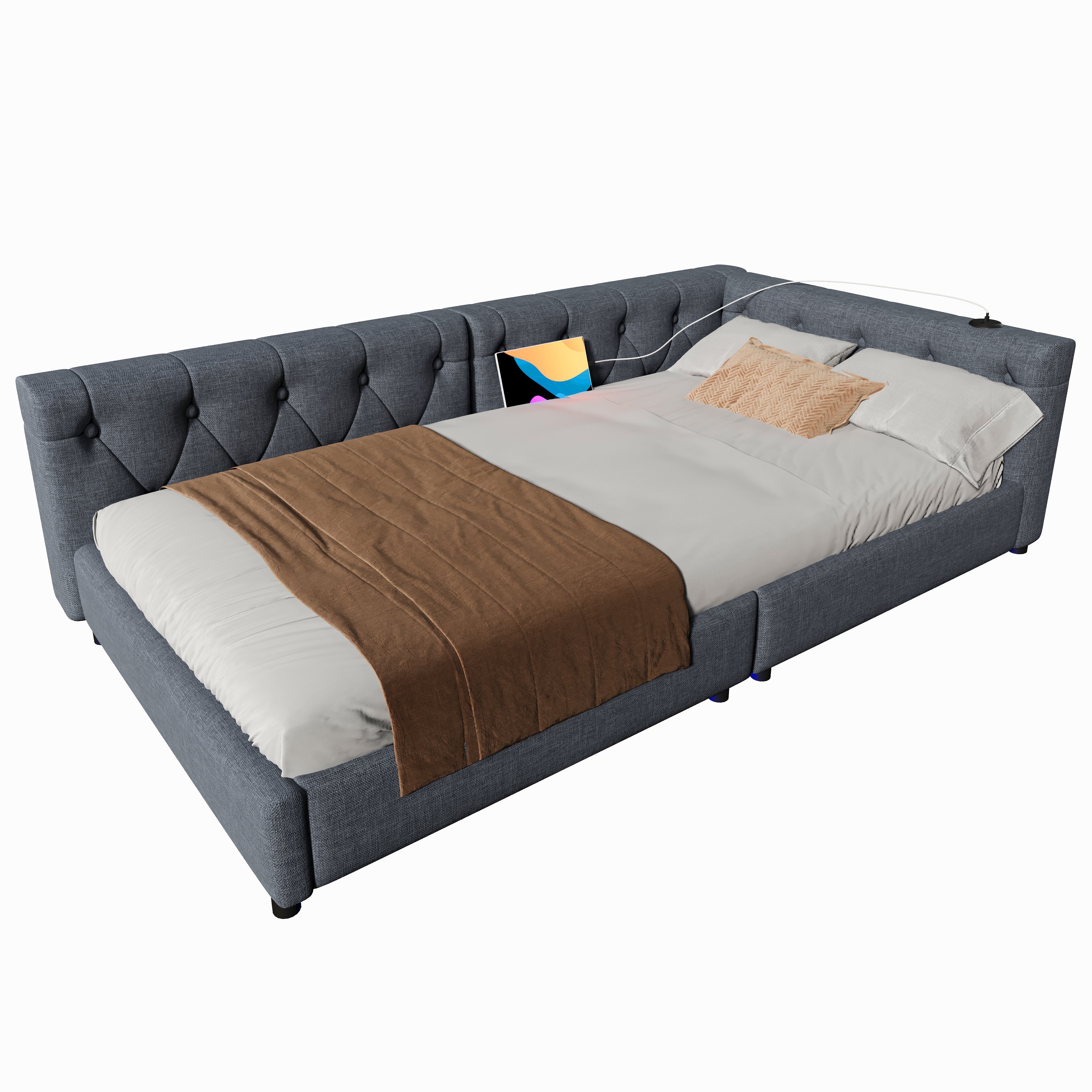 Sofa Daybed 90x200cm LED Light USB/Type-C Tufted Headboard - Linen Grey