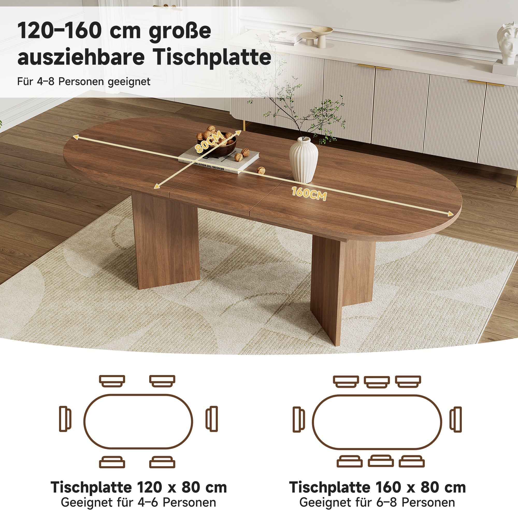 Extendable Dining Table, 120/160 x 80 cm for 4-6 People with Rounded Corners, Walnut