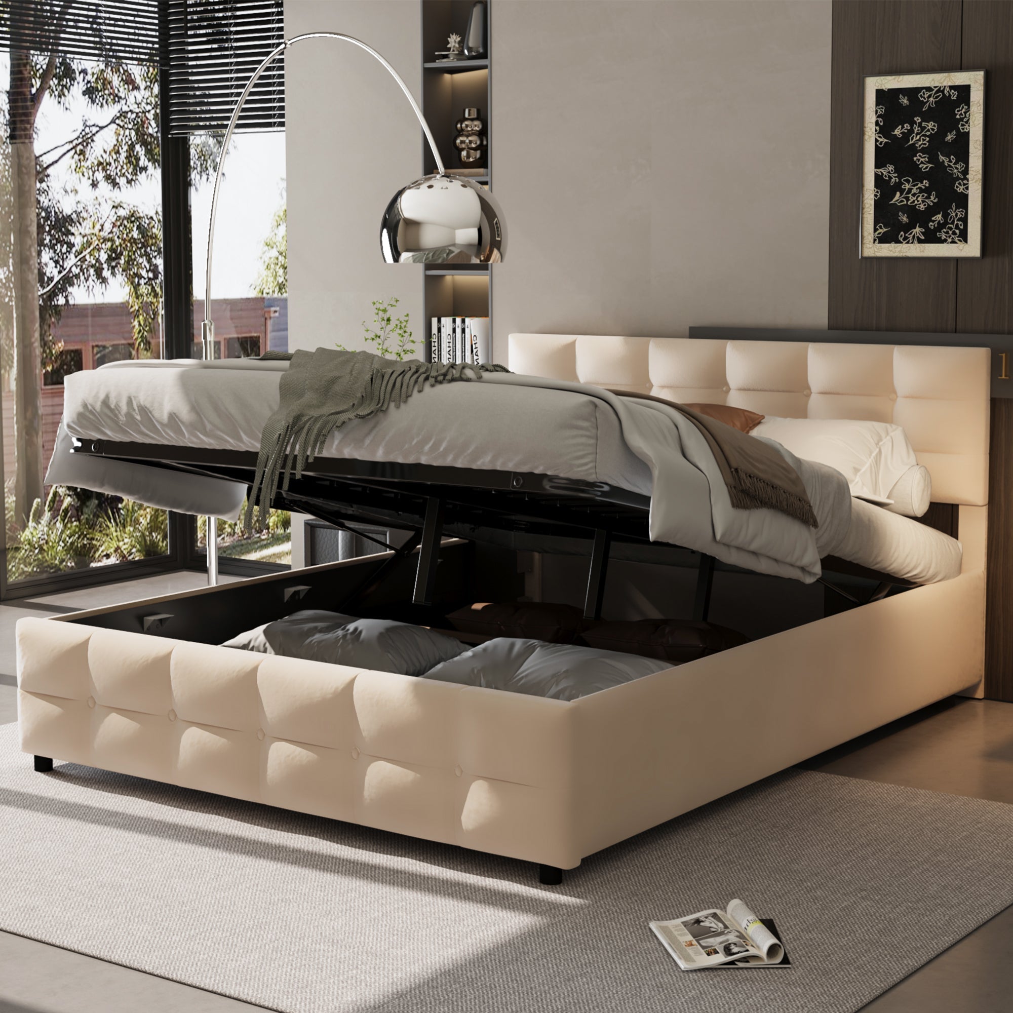 Upholstered Bed 180x200cm Slatted Frame Hydraulic Single Bed, Dutch Velvet Beige