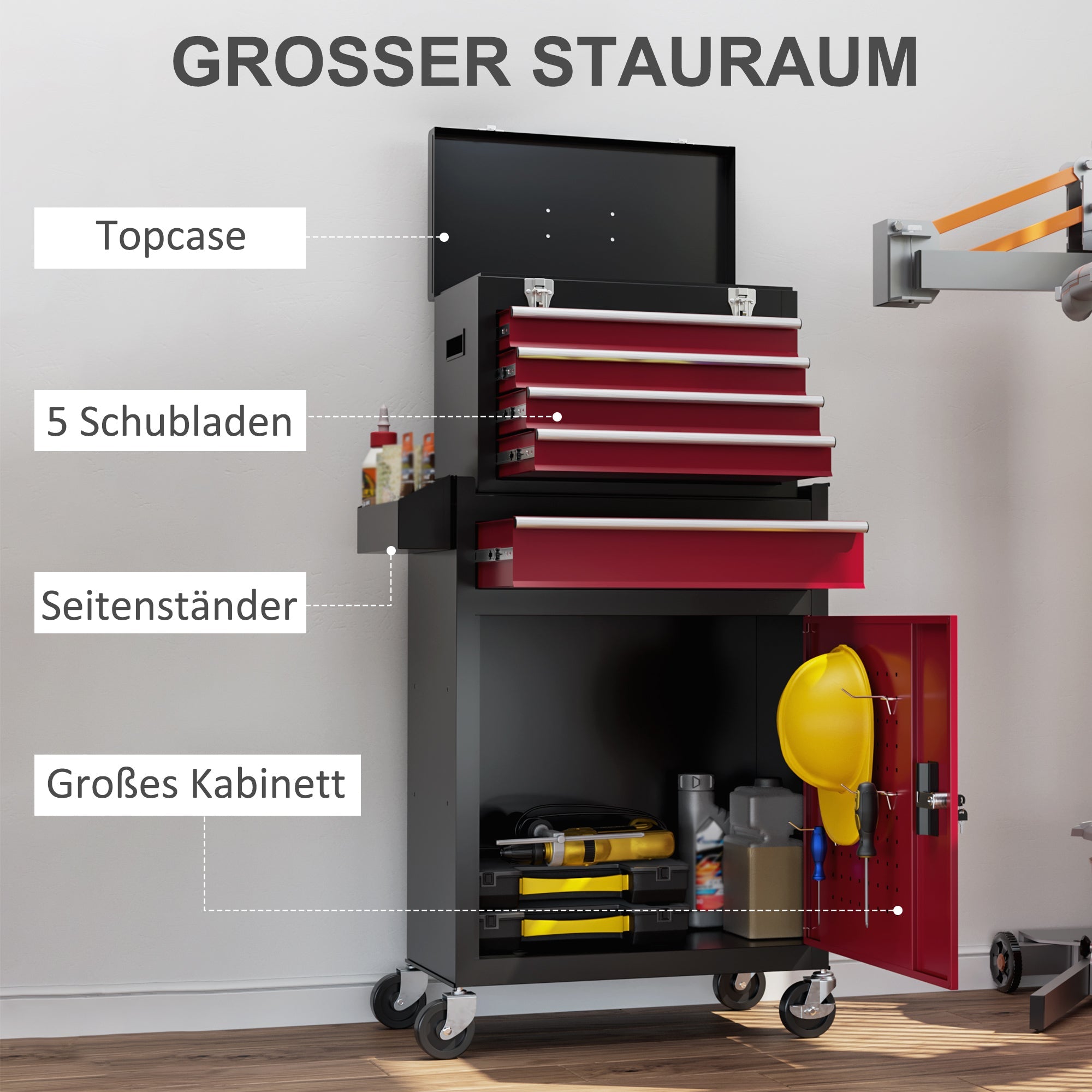 Workshop trolley, 5 drawers, lockable mobile, 130 kg load, steel black and red