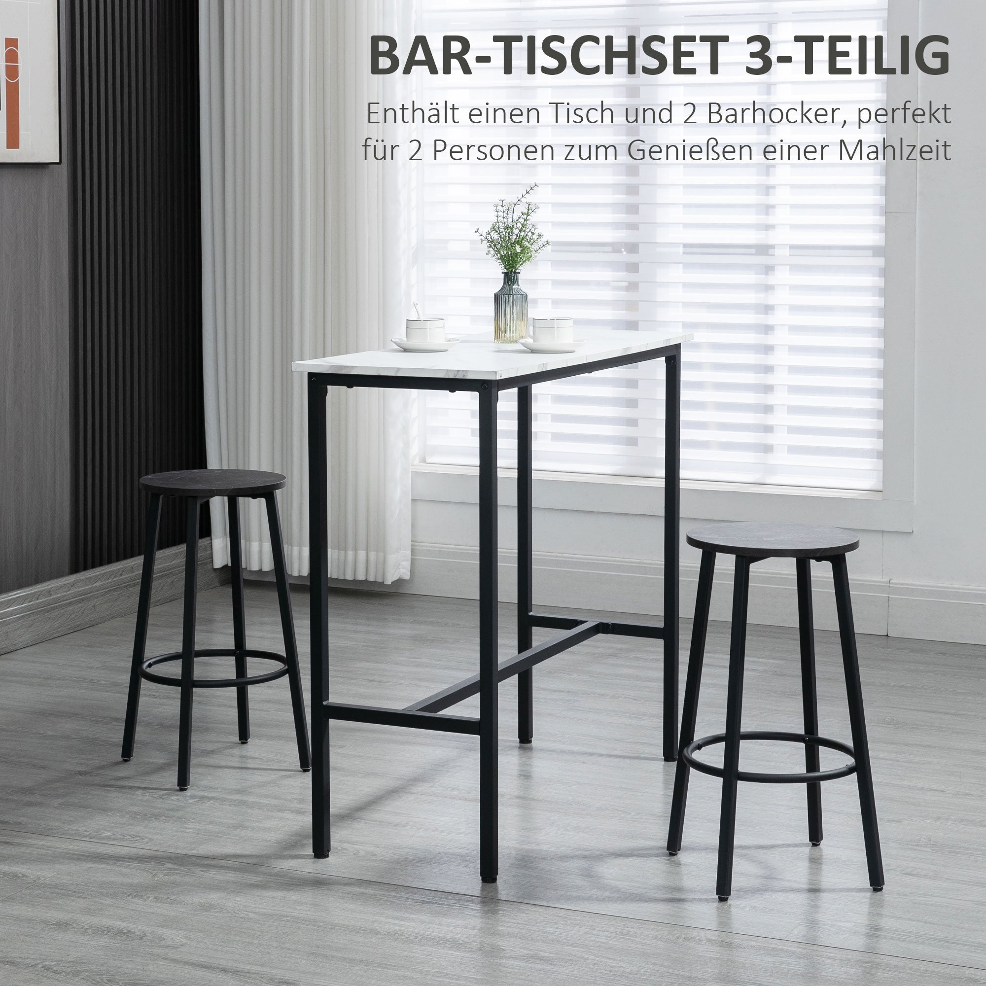 Bar Table & Bar Stool Set, 3-Piece Dining, Steel Black/White