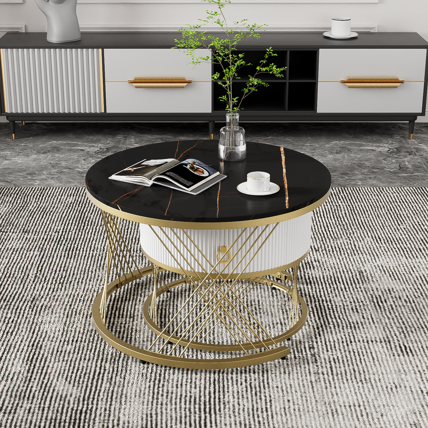 Elegant nesting Coffee Table: Marble Look, Gold Decor, Side Table with Drawers - Set of 2