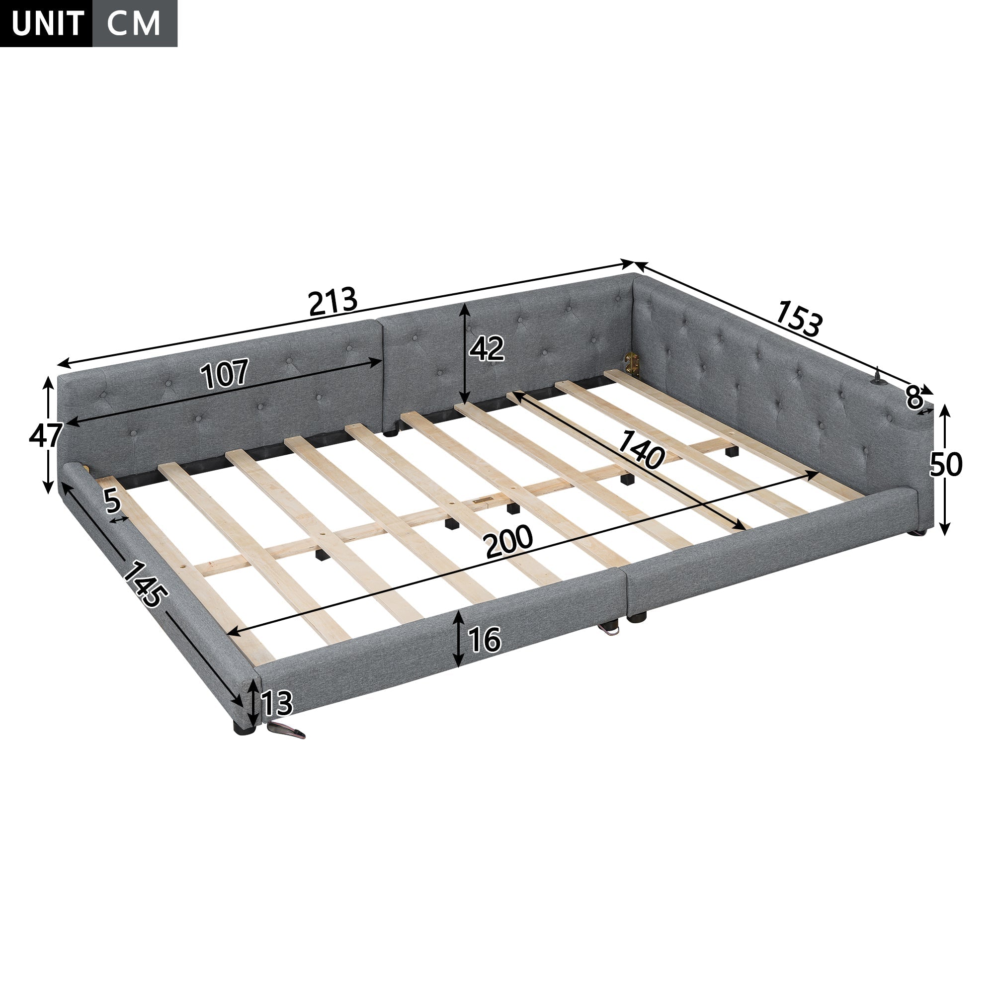 Daybed Sofa Bed 140x200cm LED USB/Type-C Button Tufted - Linen Grey