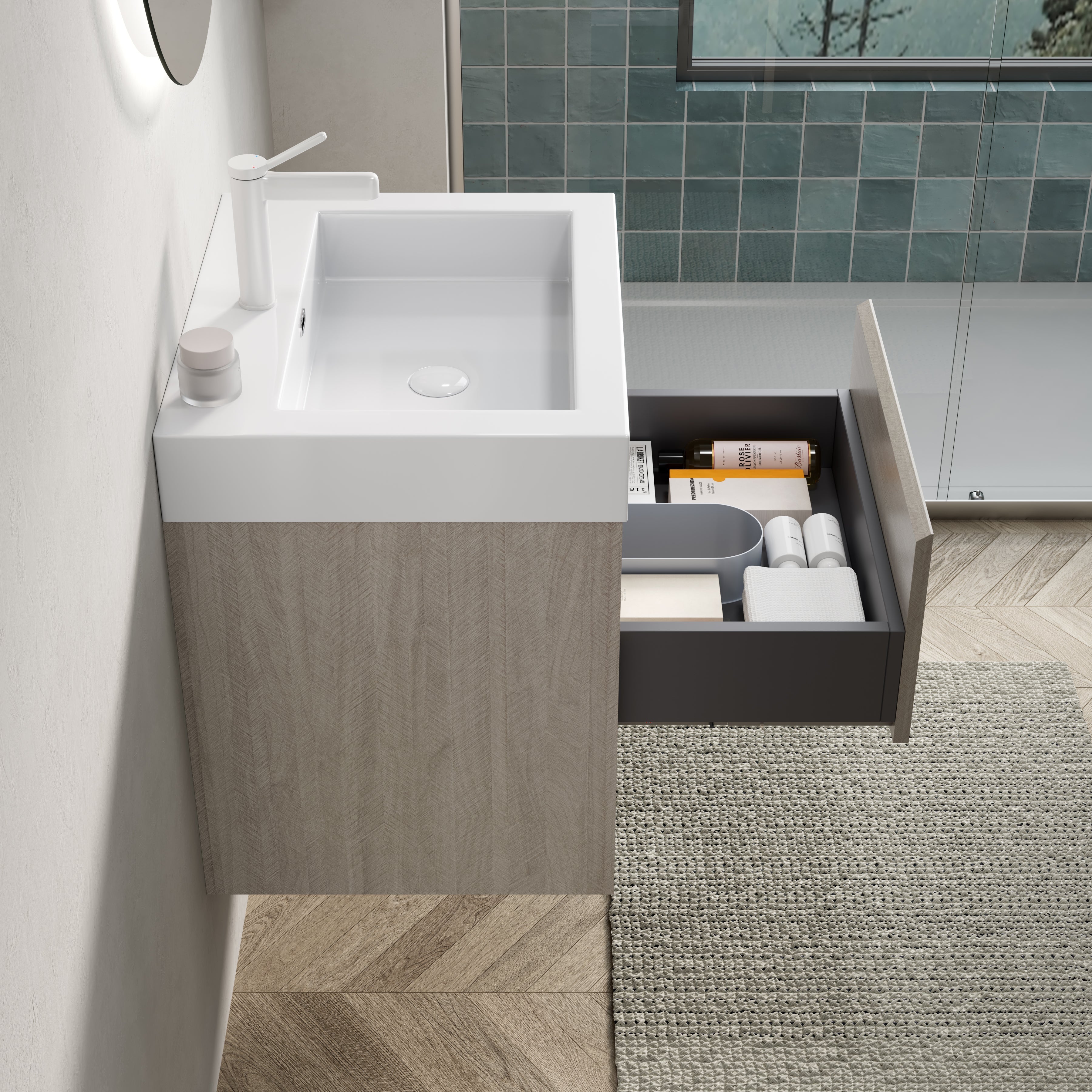 Bathroom Vanity Unit with Resin Basin and Storage, Light Oak Wood Grain
