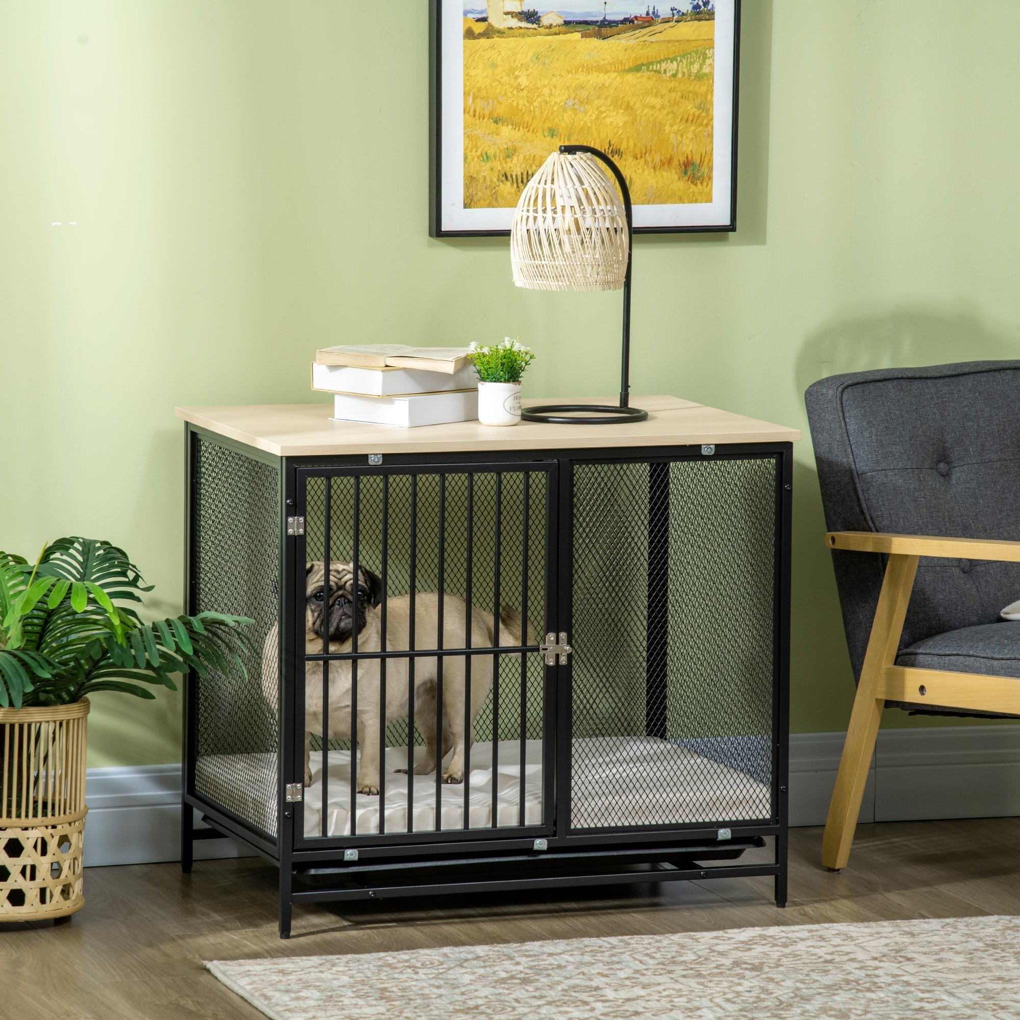 Dog Cage, Kennel with Cushion & Tray, Oak+Black