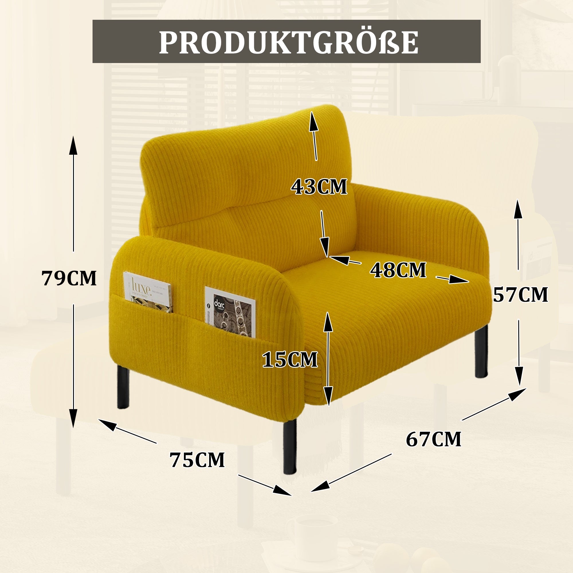 Sofa/Chair, Comfortable Seating with Side Pockets, Velvet Fabric