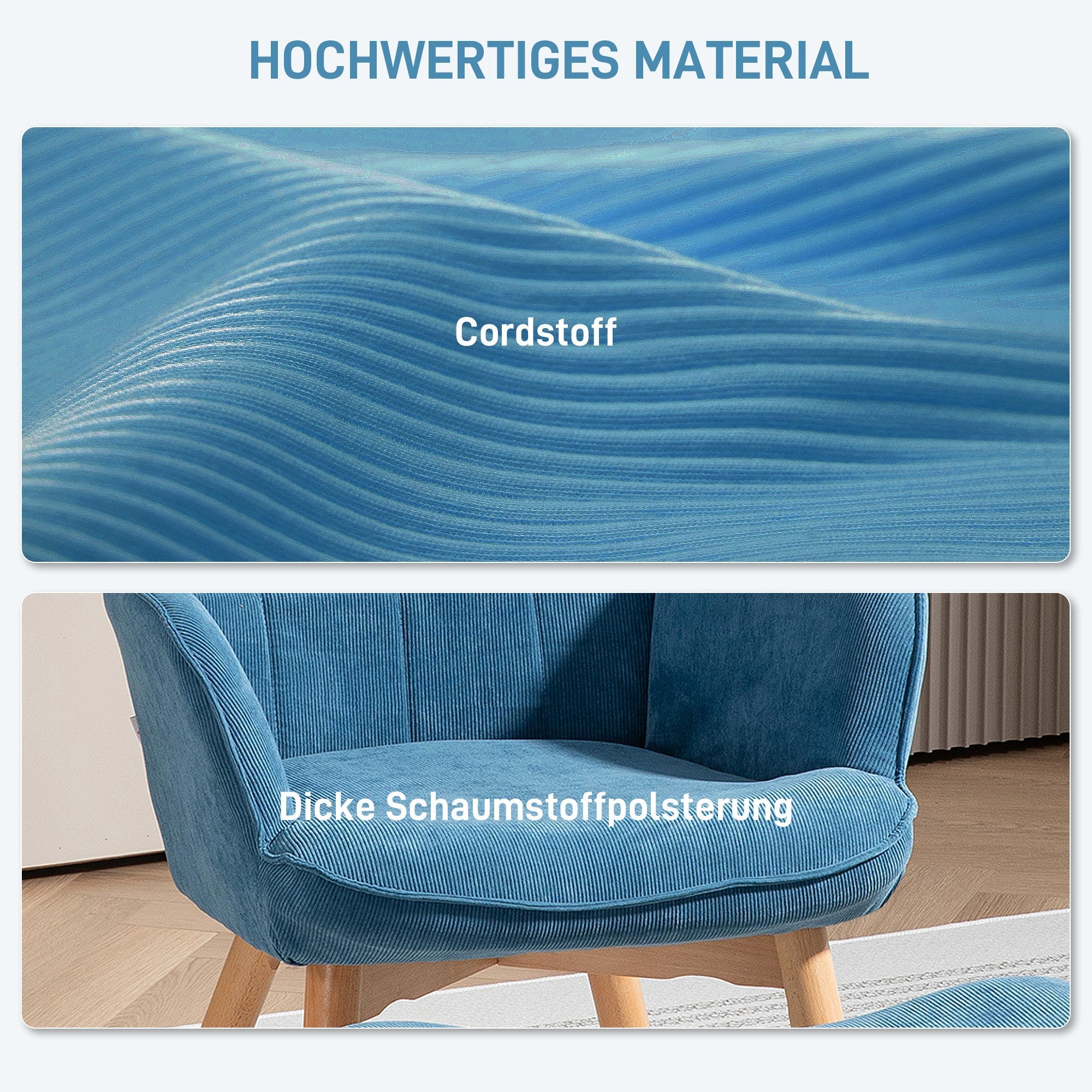 Armchair with Stool, Wingback High Back Tufted Lounge, Blue Corduroy