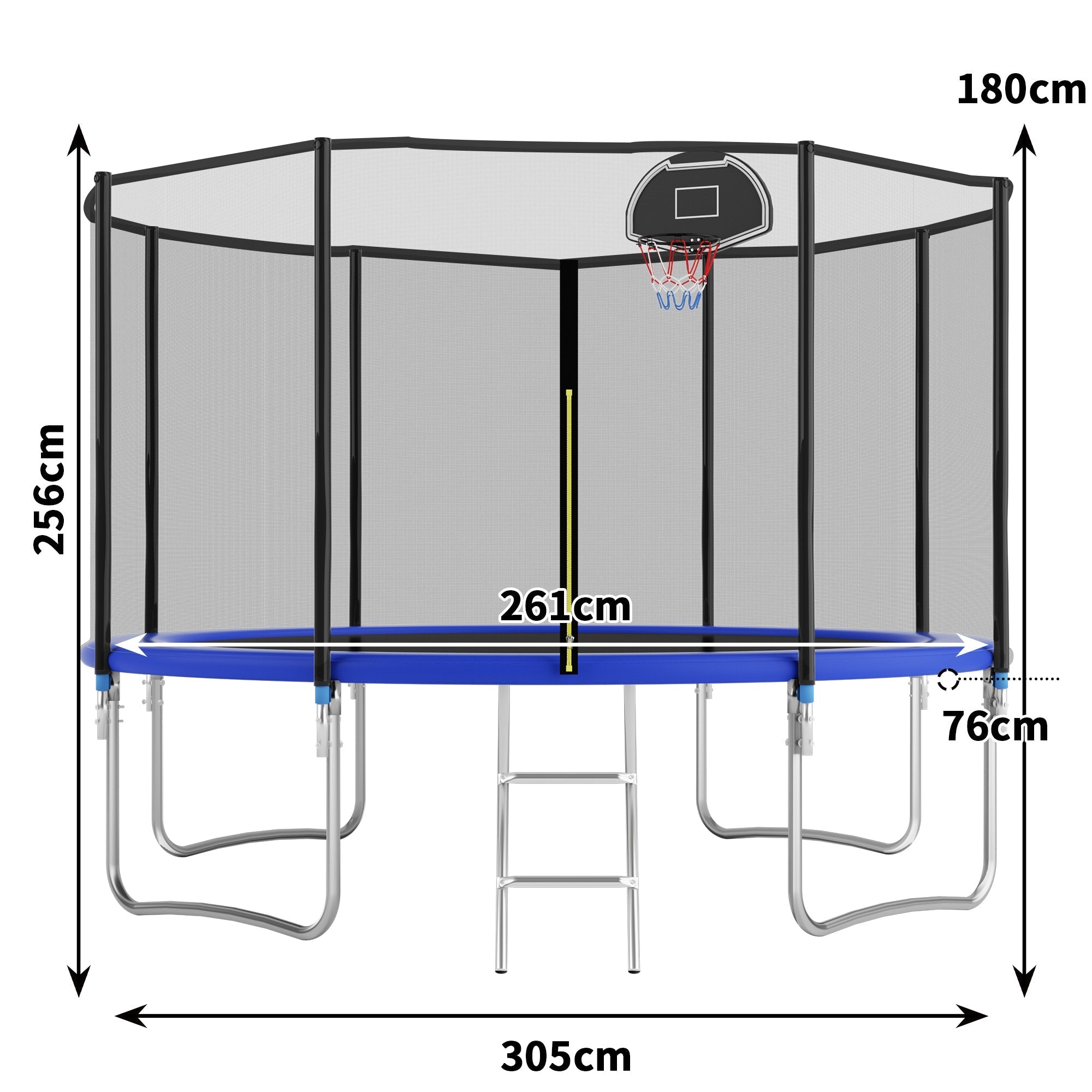 Outdoor Trampoline 305 cm with Reinforced Leg Crossbars and One-Piece Construction, Durable Steel
