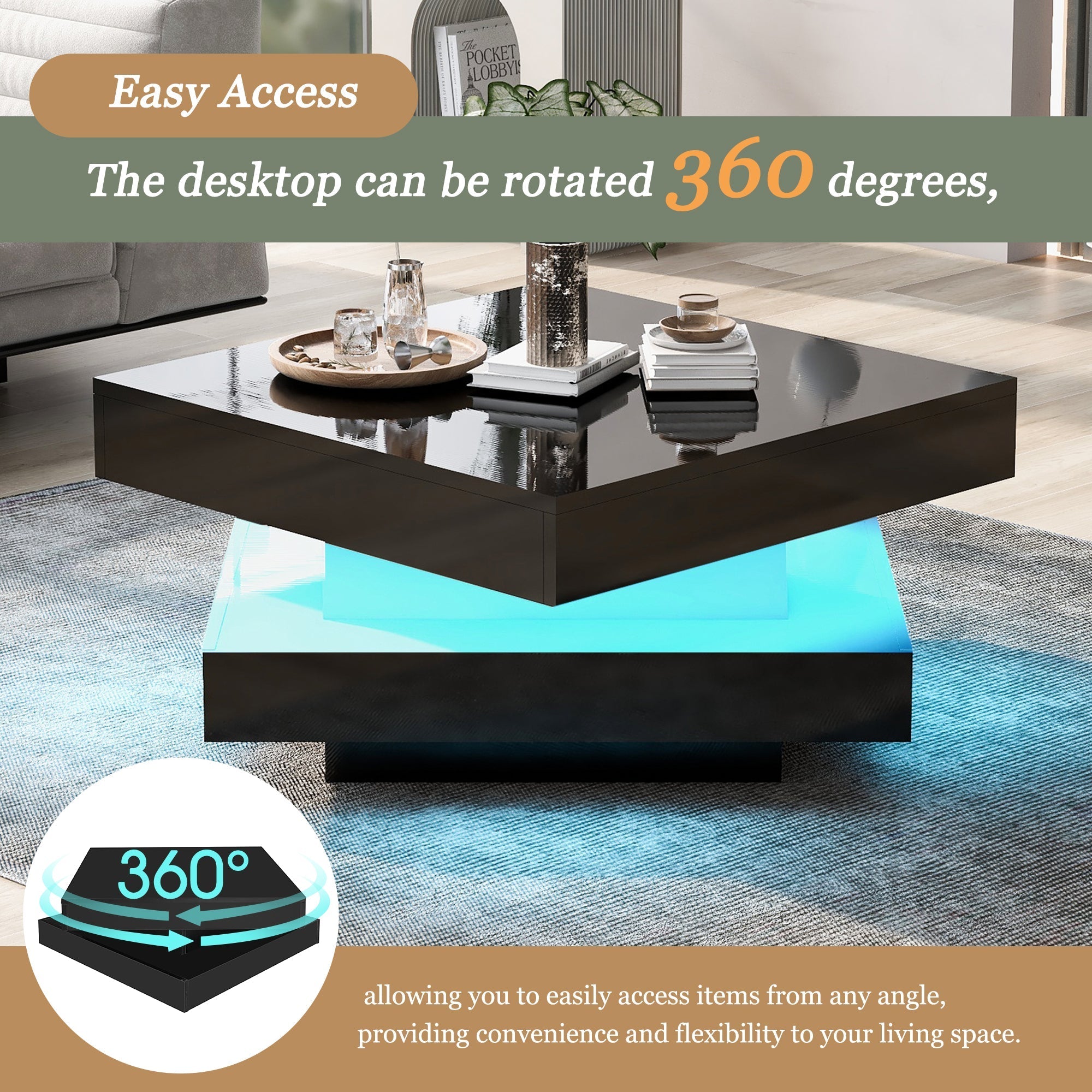 Black Square High Gloss Coffee Table with 360° Rotating Top, Tea Table with 16-Color LED light, 70x70x36 cm