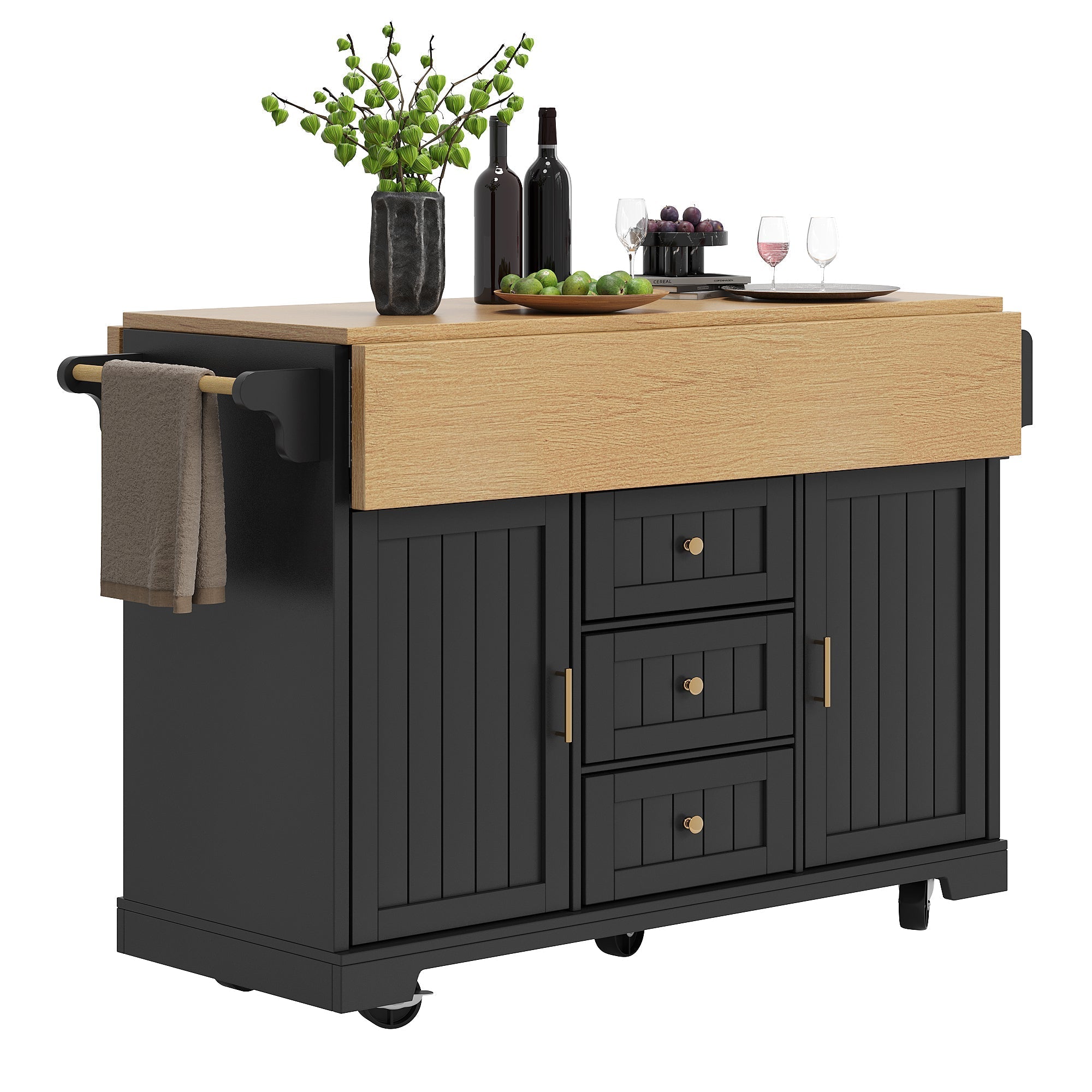 Kitchen Island Sideboard 120cm Extendable Trolley Towel Rail Spice Rack 2 Doors 3 Drawers Black/White