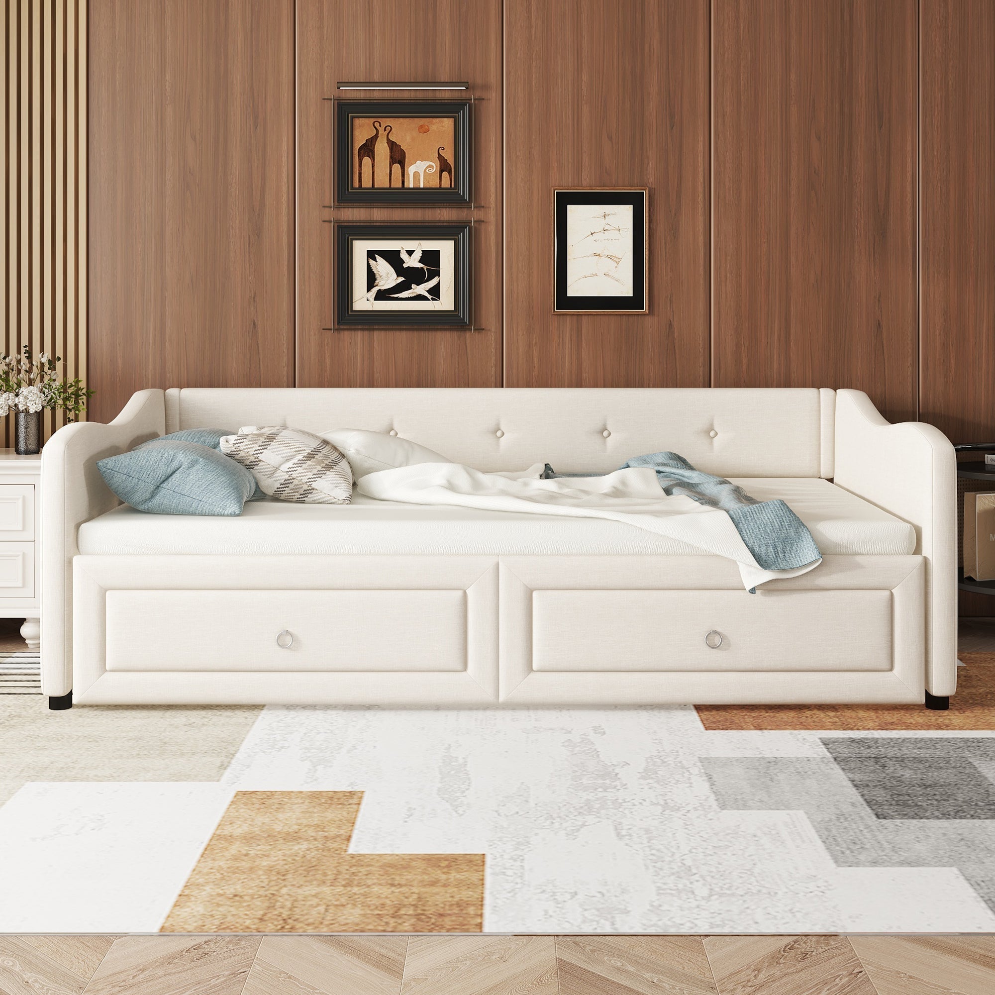 Daybed Sofa Bed 90x200cm Pull-Out Storage Drawers Linen Beige
