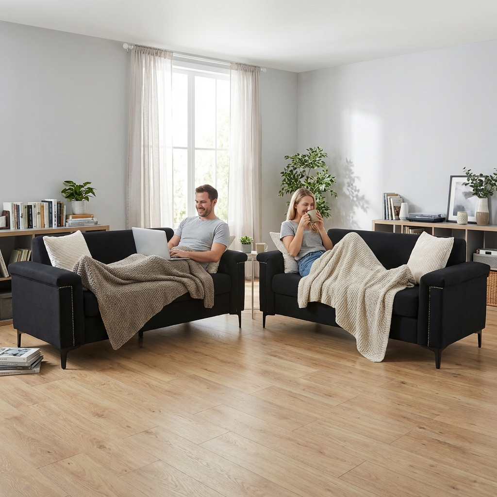 Sofa Set 2-Piece 172cm Space-Saving Metal Legs - Black Fabric