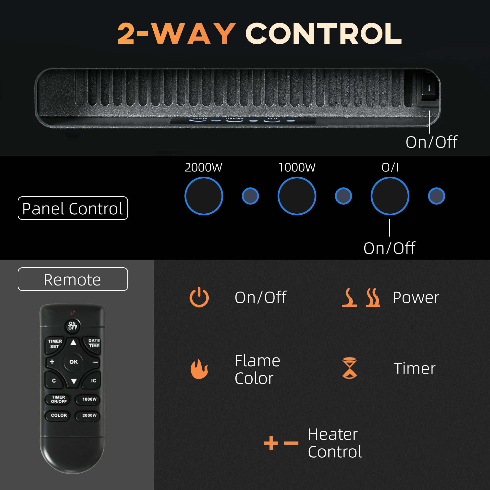 102cm Electric Fireplace 2000W Recessed Wall Mounted with Remote 9 Flame Color Crystal, Black