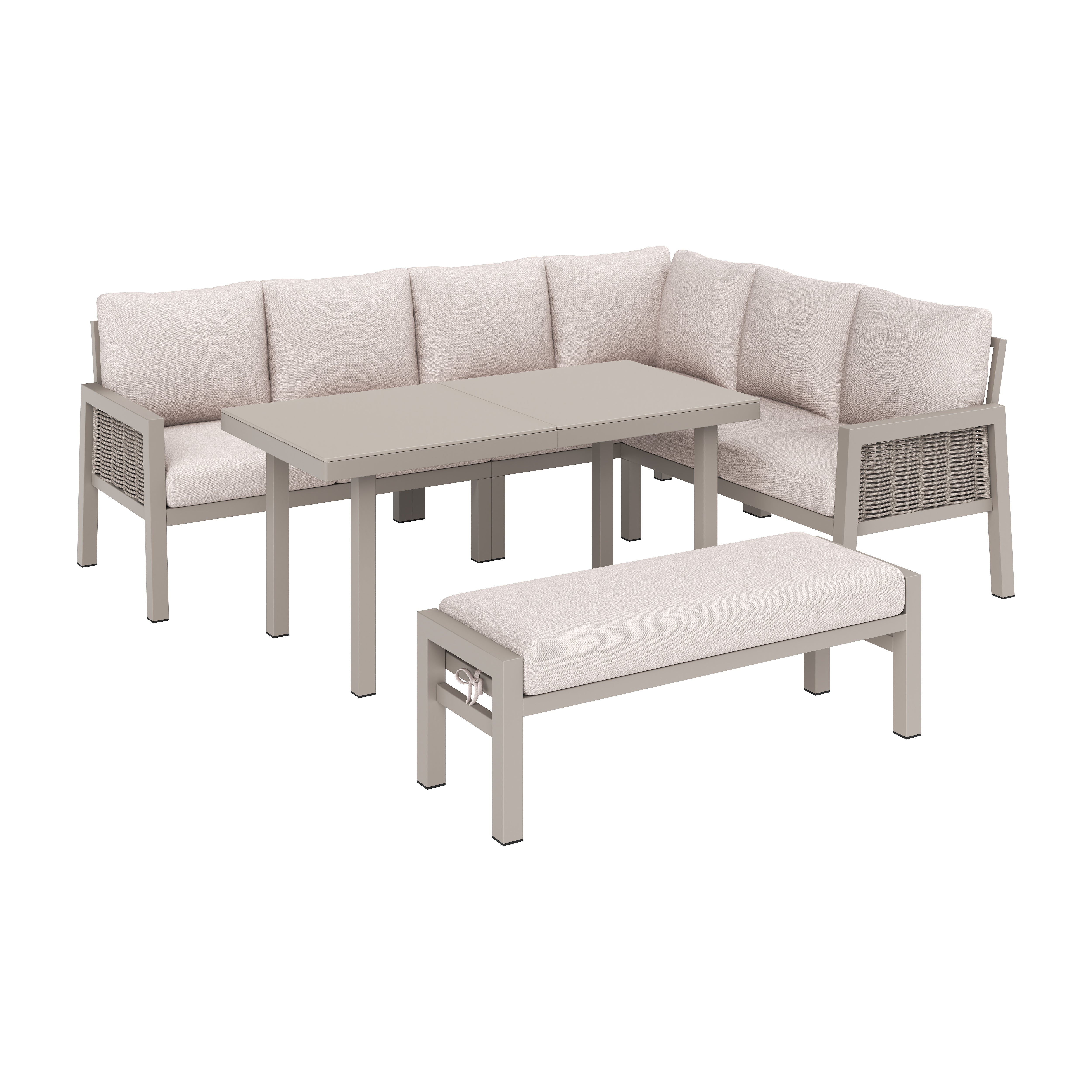 Garden Dining Set with Corner Sofa, Benches, and Glass Tabletop, 8-Person PE Rope and Galvanized Iron, Khaki