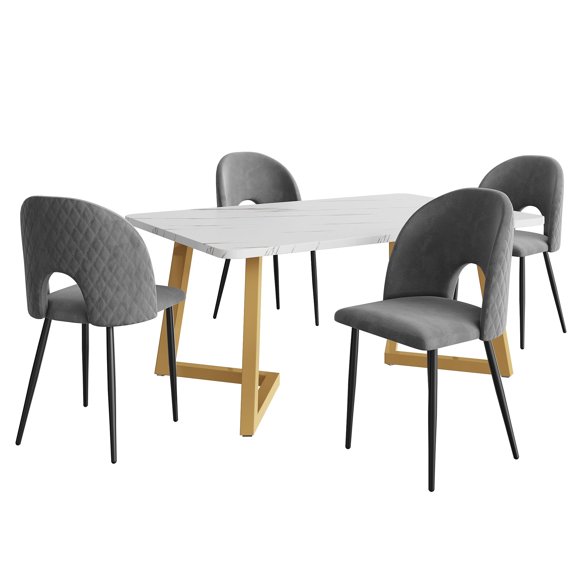 Dining Set, 117x68cm Table with 4 Chairs, Gray Velvet, Golden Legs