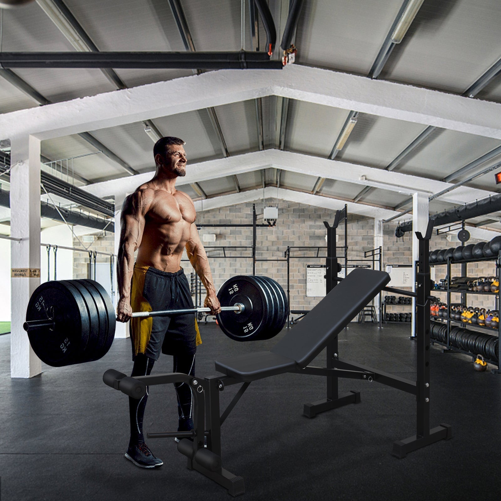 Olympic Weight Bench, Full-Body Workout with Squat Rack & Bench, Home Gym