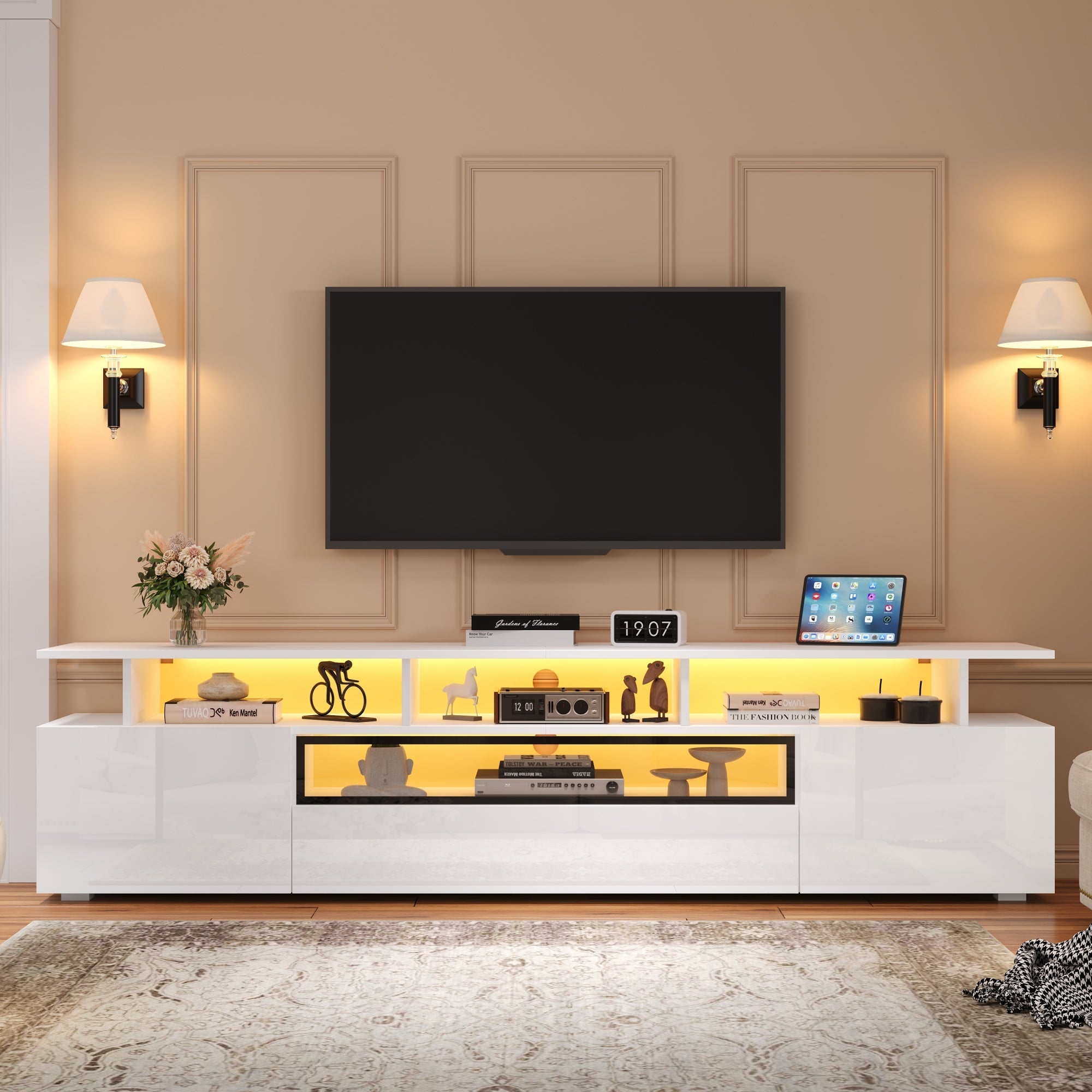 TV Cabinet, 180x38x45cm High-Gloss with 2 Cabinets, 1 Drawer, LED, for 75-inch TVs