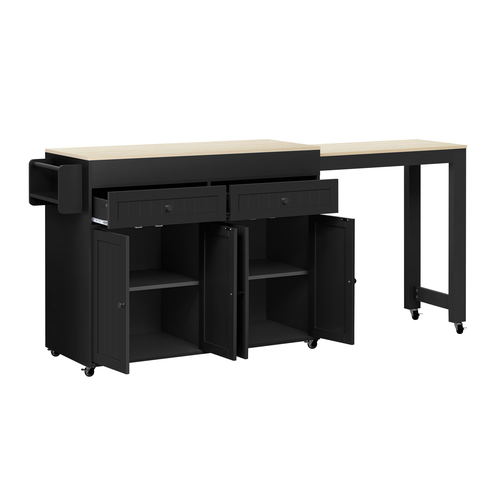 Kitchen Island, Mobile with Extendable Dining & Drawers, Black + Natural