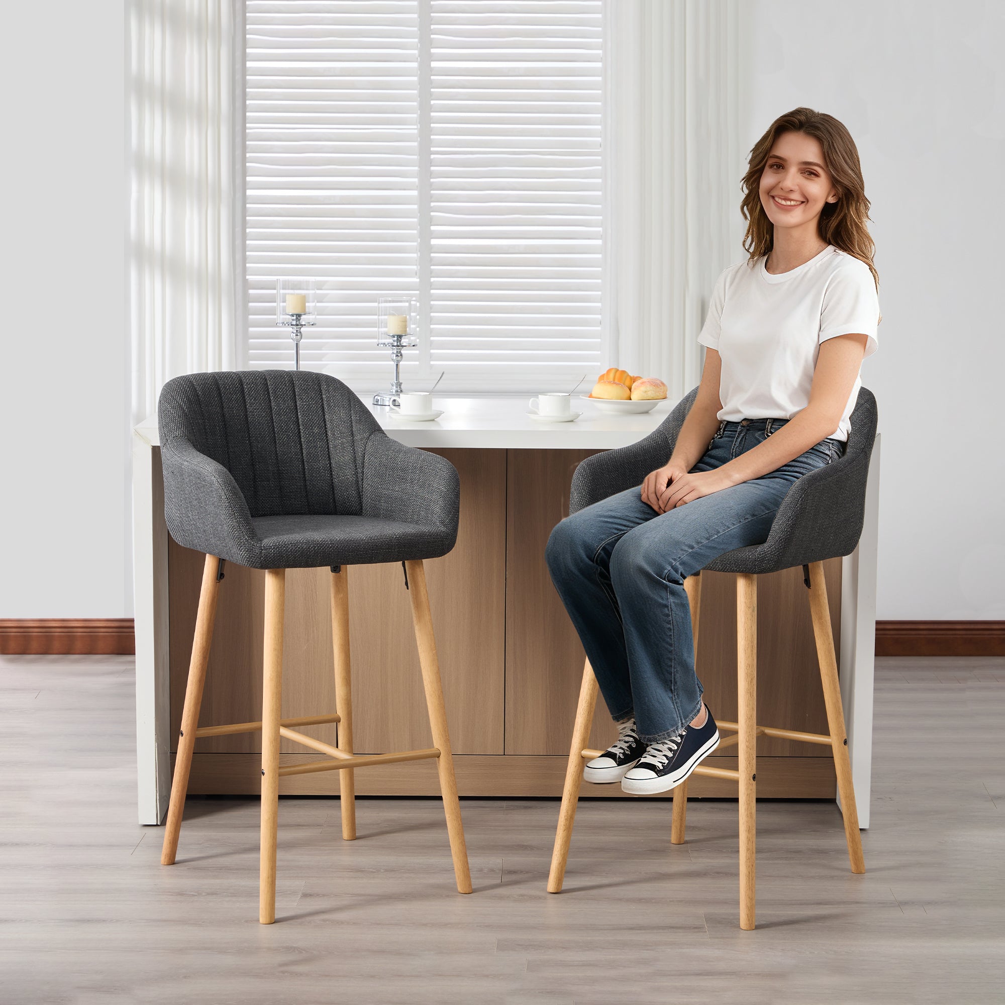 Modern European Bar Stools with High Backrest and Armrests, Set of 2, Beige Linen